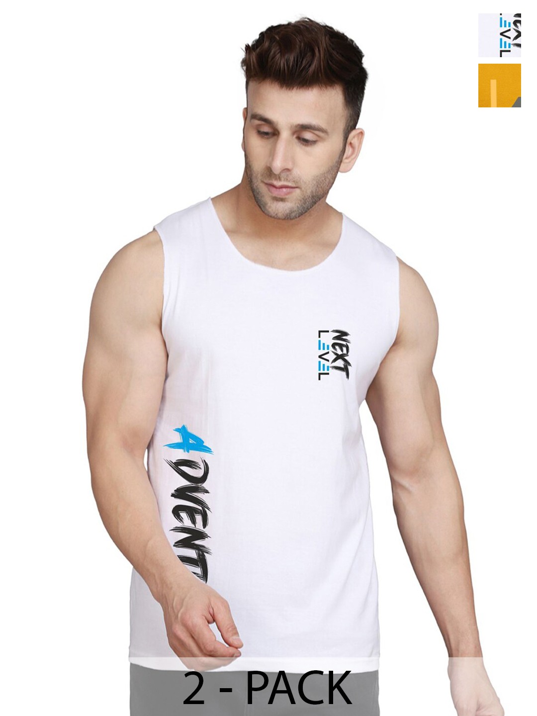

SLOWLORIS Pack Of 2 Typography Round Neck Sleeveless Cotton Gym Vest, Mustard