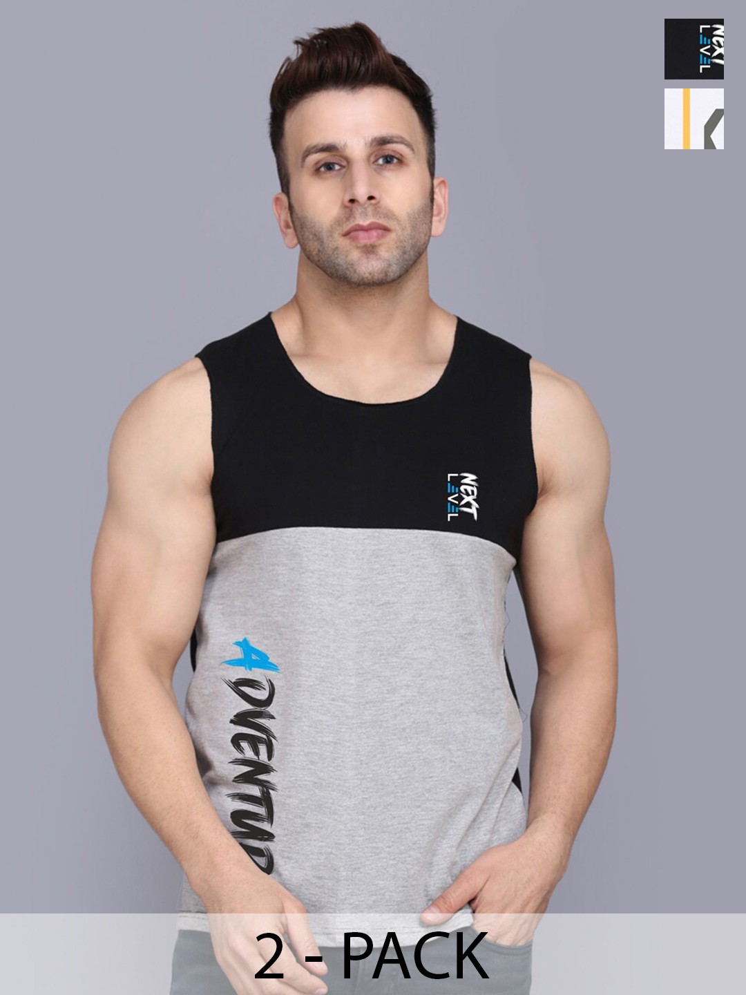 

SLOWLORIS Pack Of 2 Typography Printed Sleeveless Bio-Wash Gym Vest, White