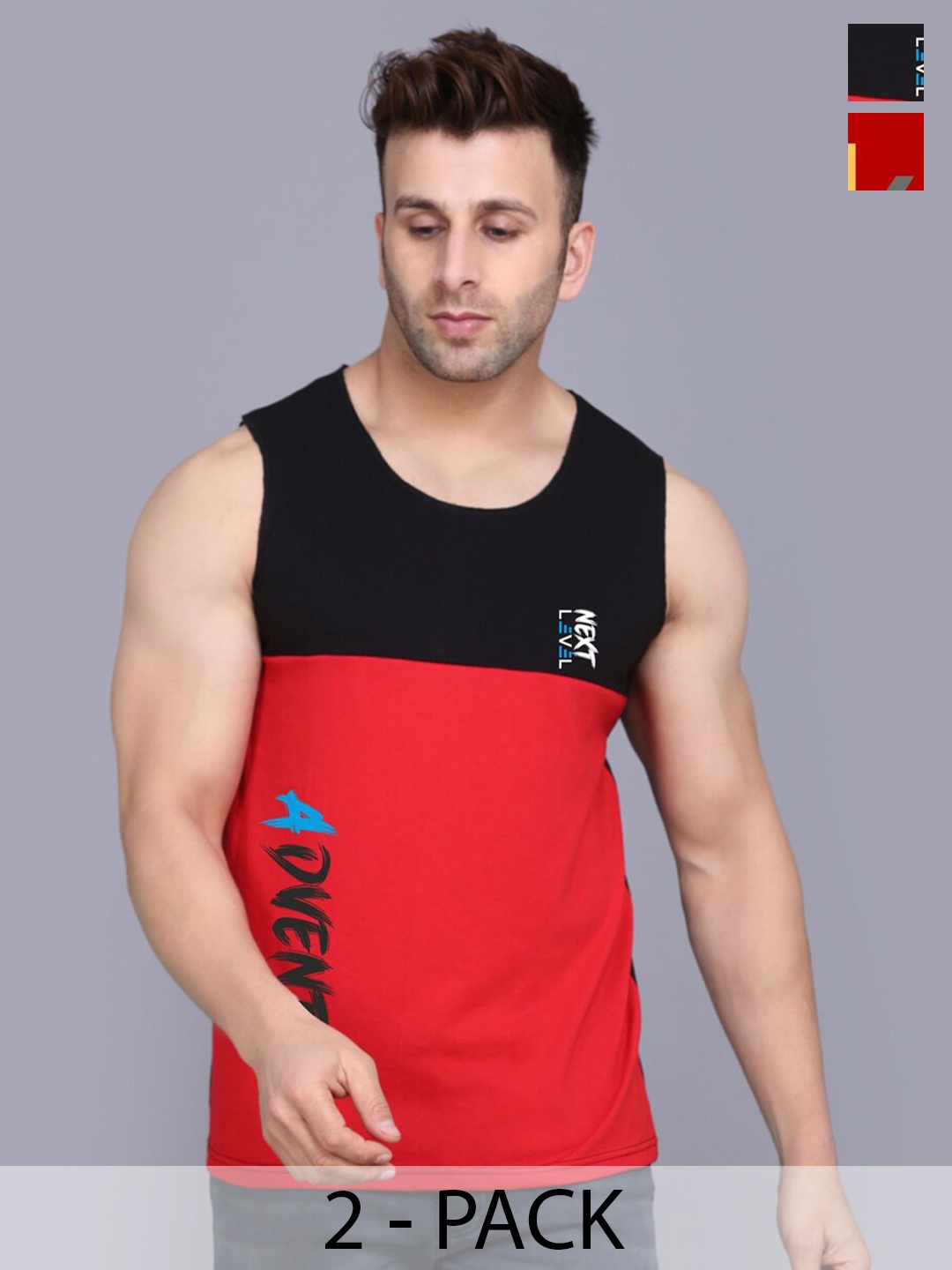 

SLOWLORIS Pack Of 2 Typography Printed Sleeveless Round Neck Basic Vest, Red