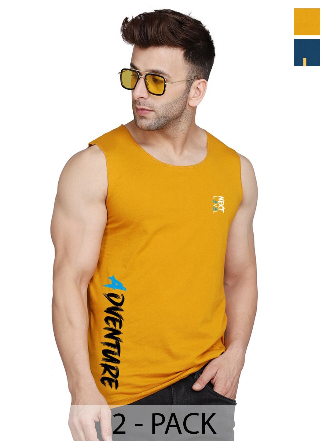 

SLOWLORIS Pack Of 2 Typography Round Neck Sleeveless Cotton Gym Vest, Teal