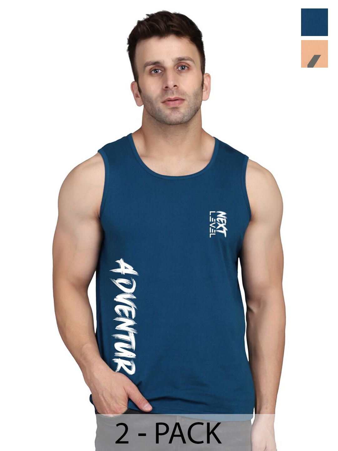 

SLOWLORIS Pack Of 2 Typography Printed Sleeveless Round Neck Basic Vest, Teal