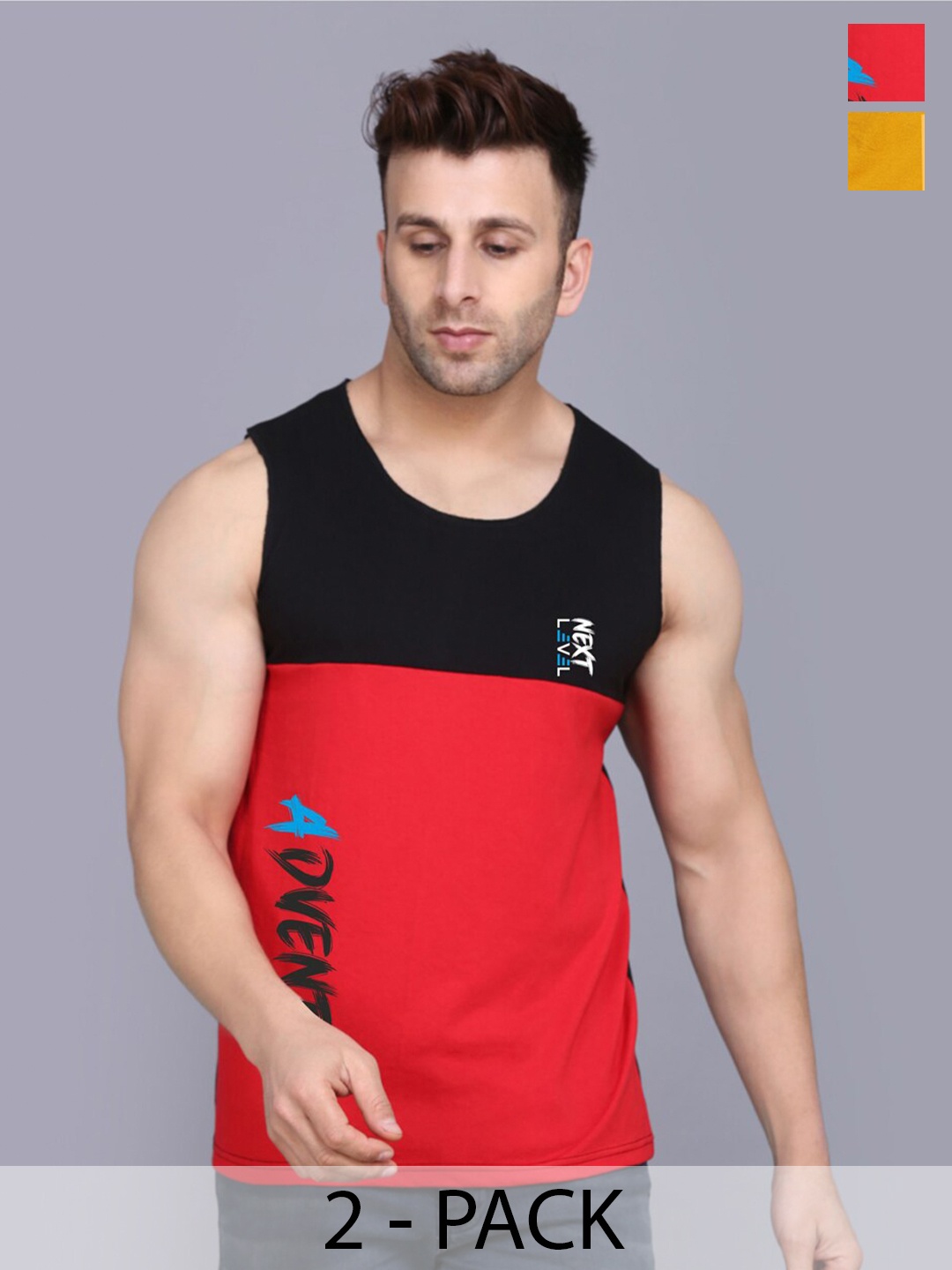 

SLOWLORIS Pack Of 2 Typography Printed Sleeveless Round Neck Basic Vest, Mustard