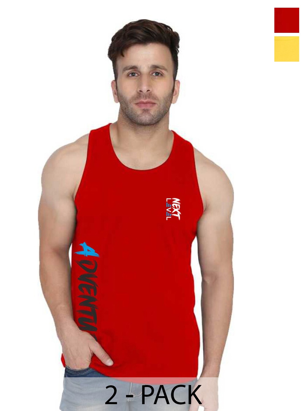 

SLOWLORIS Pack Of 2 Typography Round Neck Sleeveless Cotton Gym Vest, Yellow