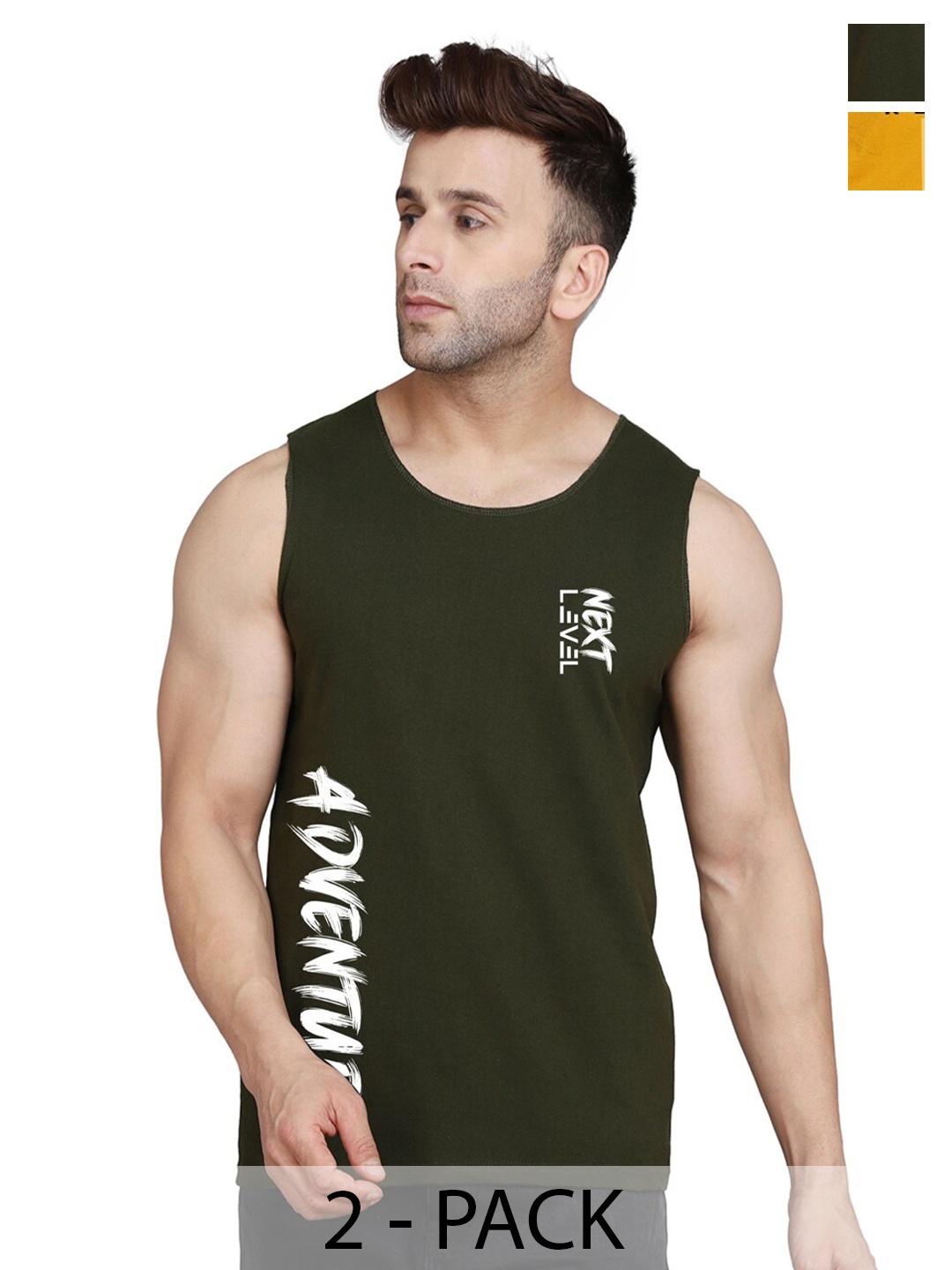 

SLOWLORIS Pack Of 2 Typography Printed Sleeveless Round Neck Basic Vest, Mustard