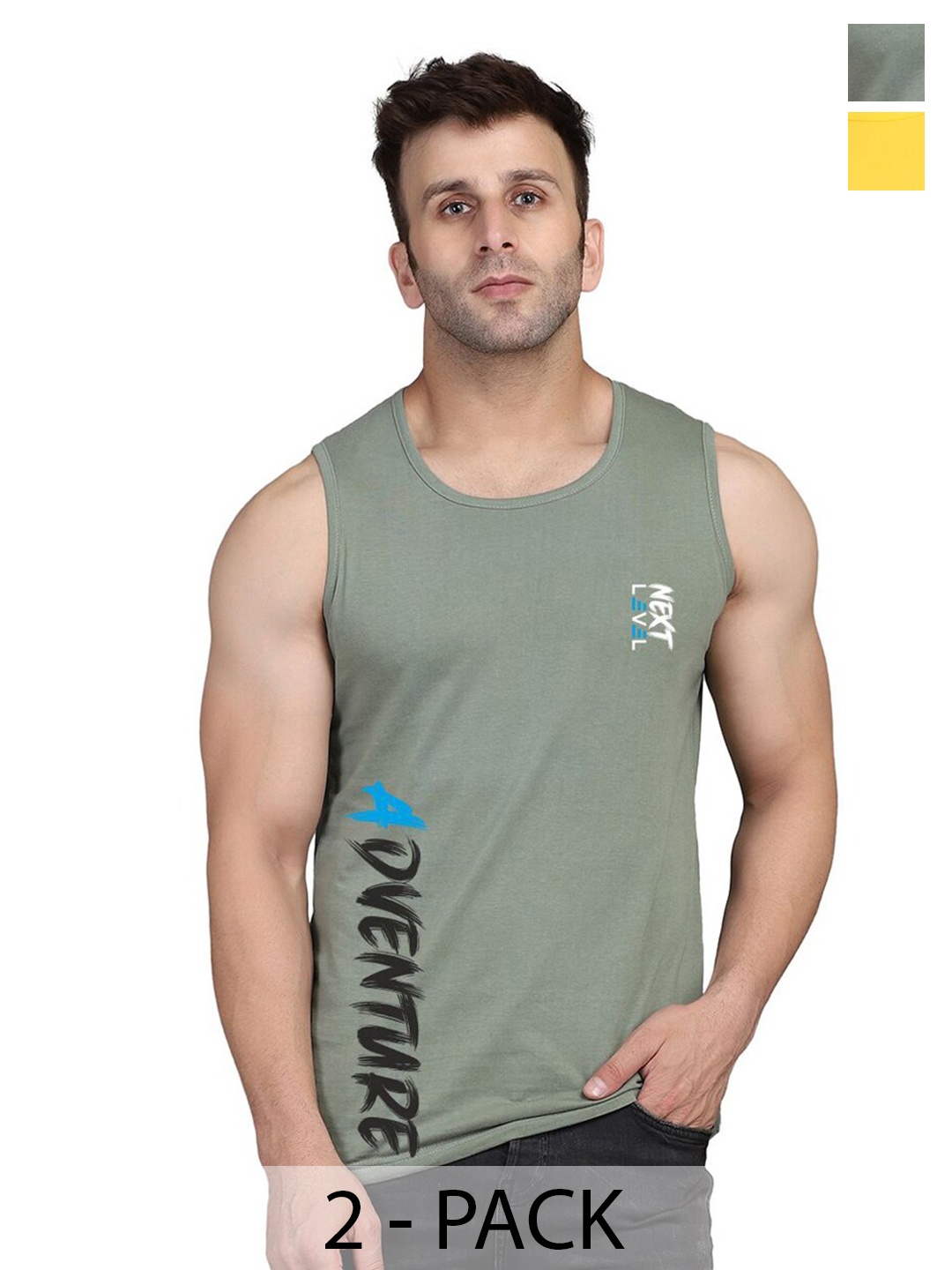 

SLOWLORIS Pack Of 2 Typography Printed Cotton Innerwear Vests, Yellow