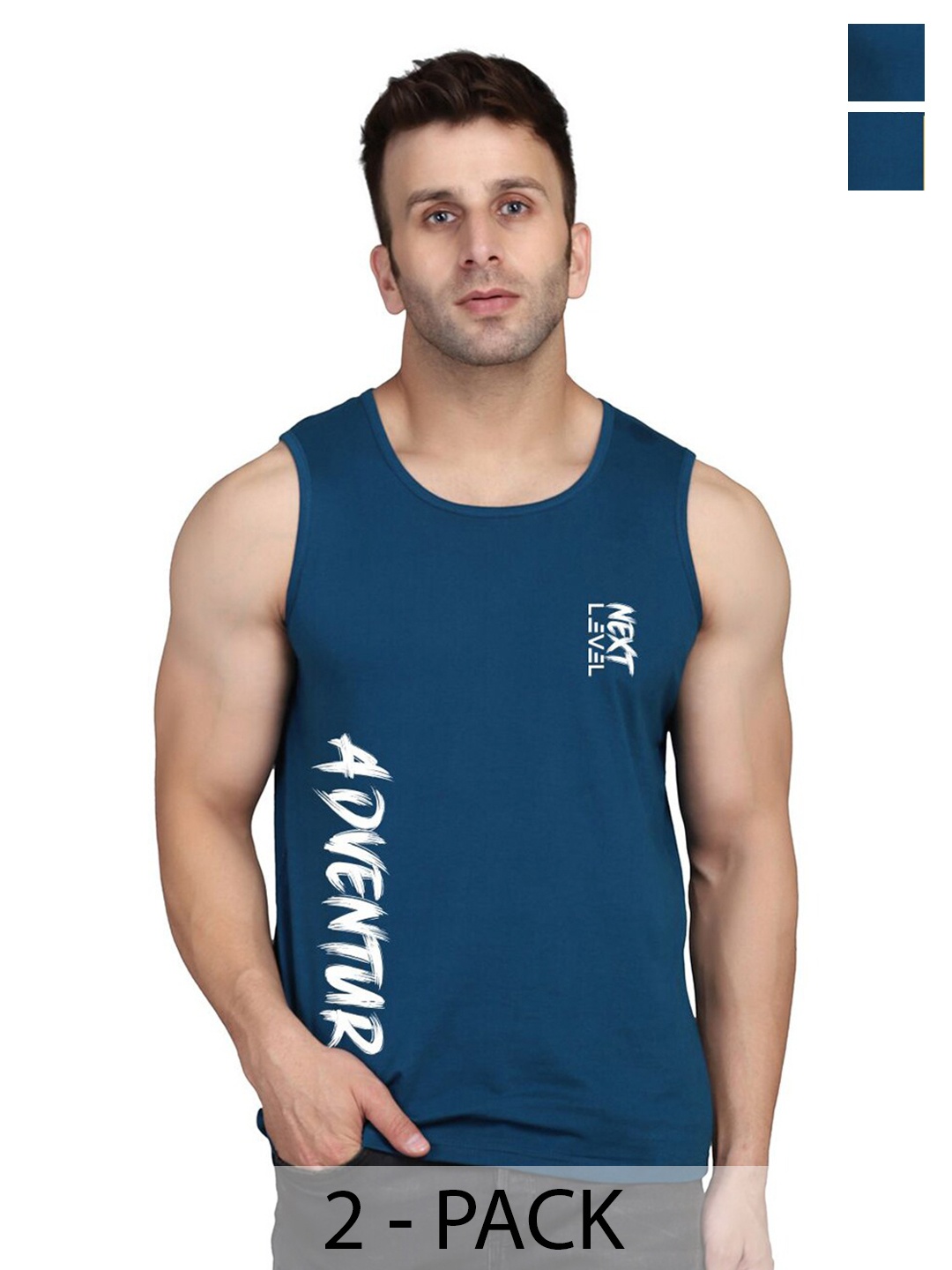 

SLOWLORIS Pack Of 2 Typography Round Neck Sleeveless Cotton Gym Vest, Teal