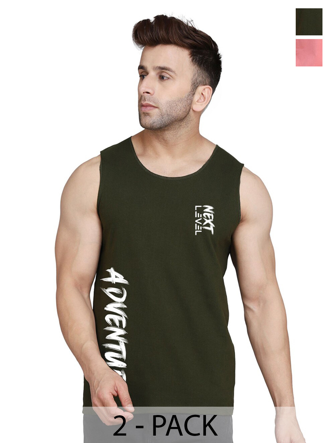 

SLOWLORIS Pack Of 2 Typography Printed Cotton Innerwear Vests, Peach