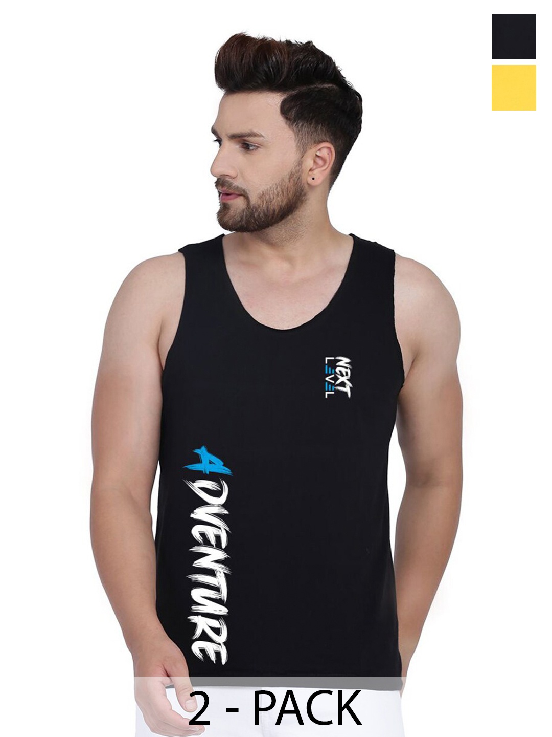 

SLOWLORIS Pack Of 2 Typography Printed Sleeveless Round Neck Basic Vest, Yellow