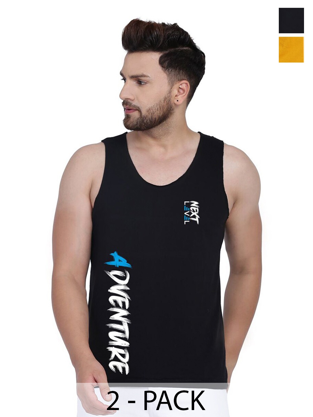 

SLOWLORIS Pack Of 2 Typography Printed Cotton Innerwear Vests, Mustard