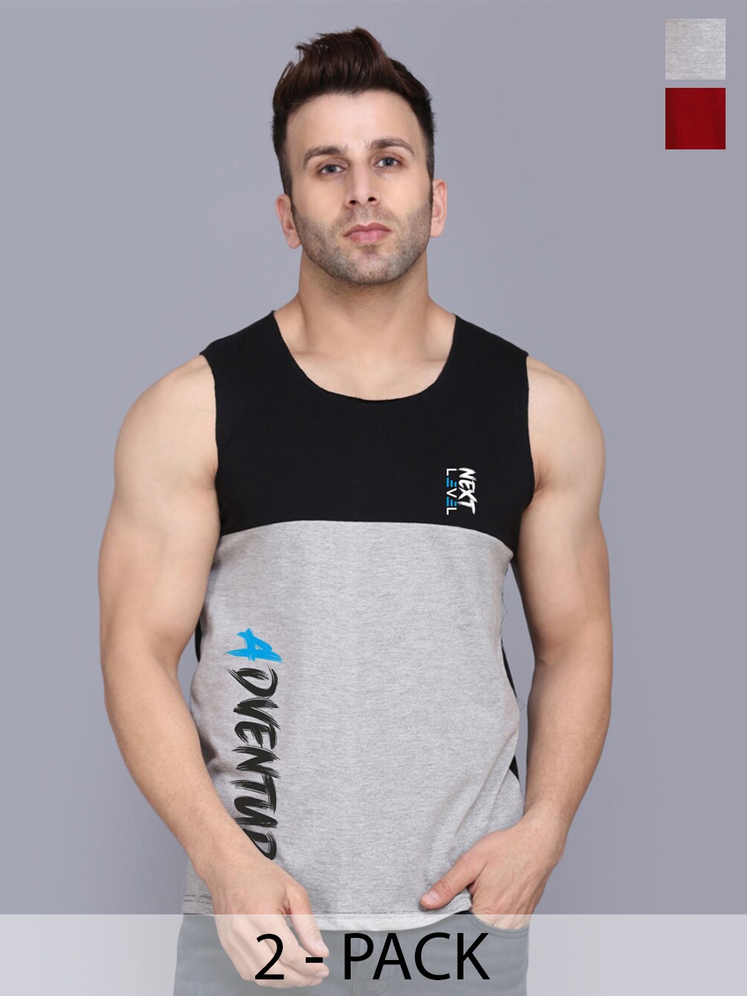 

SLOWLORIS Pack of 2 Colourblocked Round Neck Sleeveless Cotton Gym Vest, Maroon