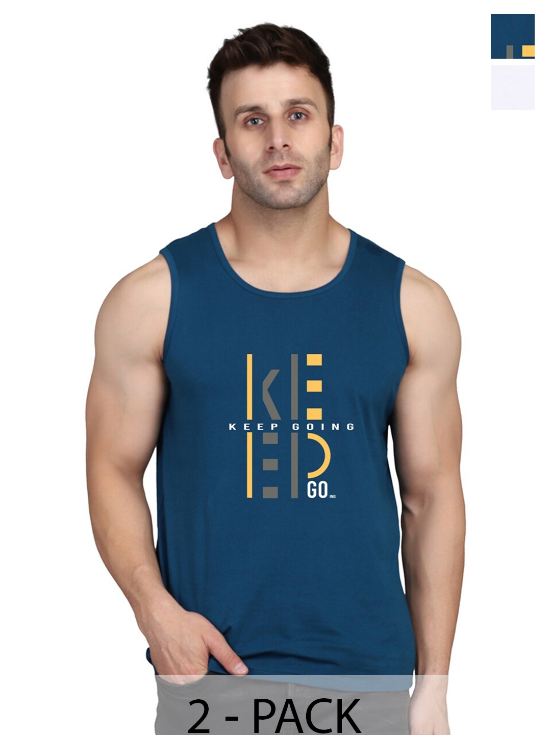 

SLOWLORIS Pack Of 2 Typography Printed Sleeveless Round Neck Basic Vest, Teal