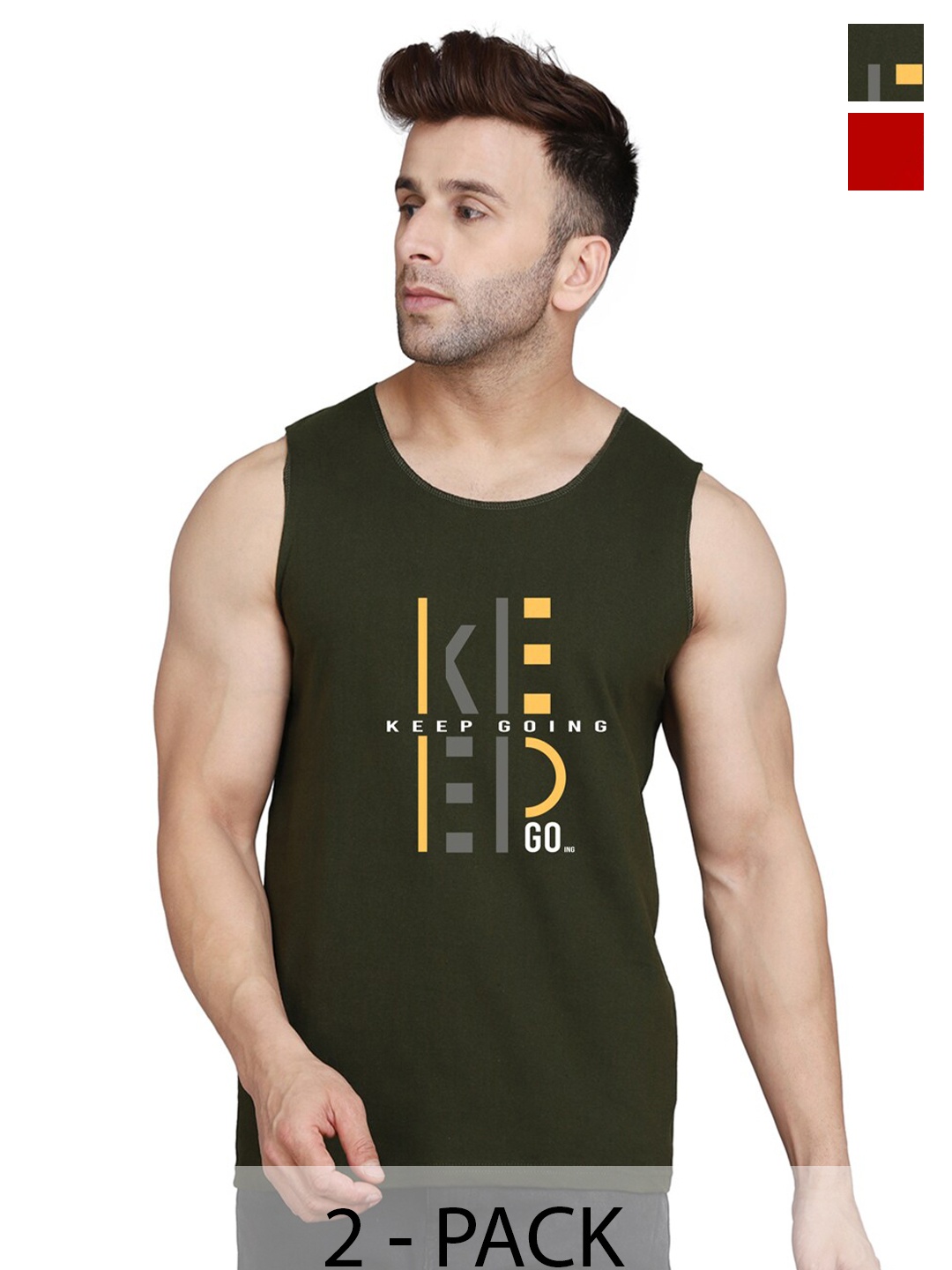 

SLOWLORIS Pack Of 2 Round Neck Sleeveless Cotton Gym Vest, Olive