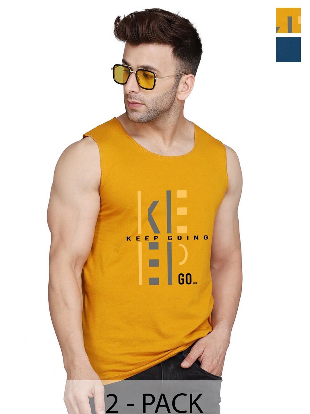

SLOWLORIS Pack Of 2 Typography Printed Cotton Innerwear Vests, Mustard