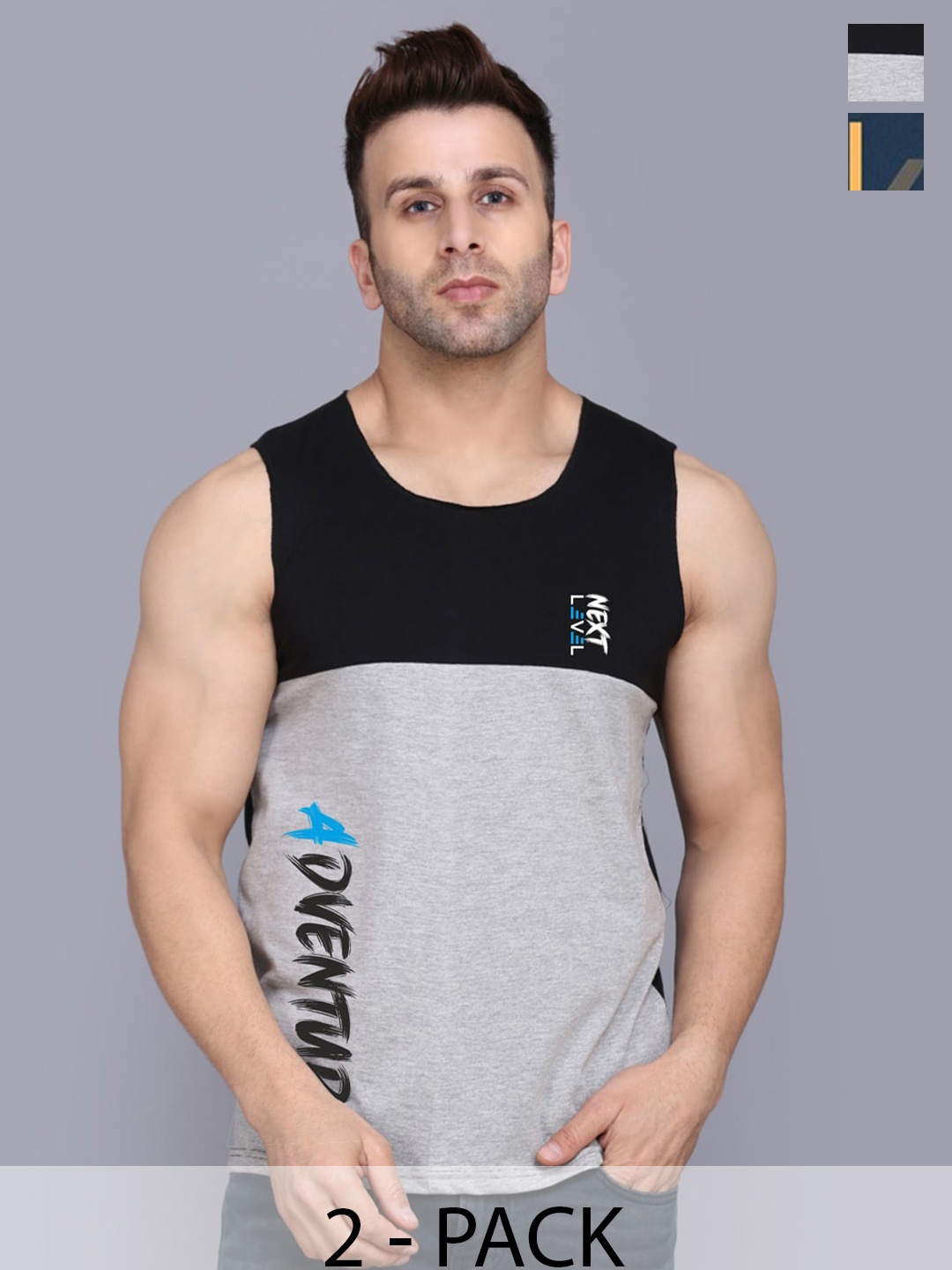 

SLOWLORIS Pack Of 2 Sleeveless Bio-Wash Gym Vests SL026 (PEACOCK KEEP) (BLACKGREY ADV), Teal