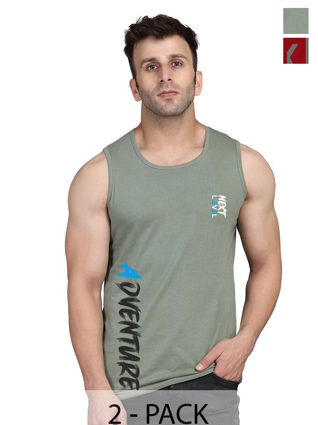 

SLOWLORIS Pack Of 2 Sleeveless Bio-Wash Gym Vests (MAROON KEEP) (LGTGREEN ADV)