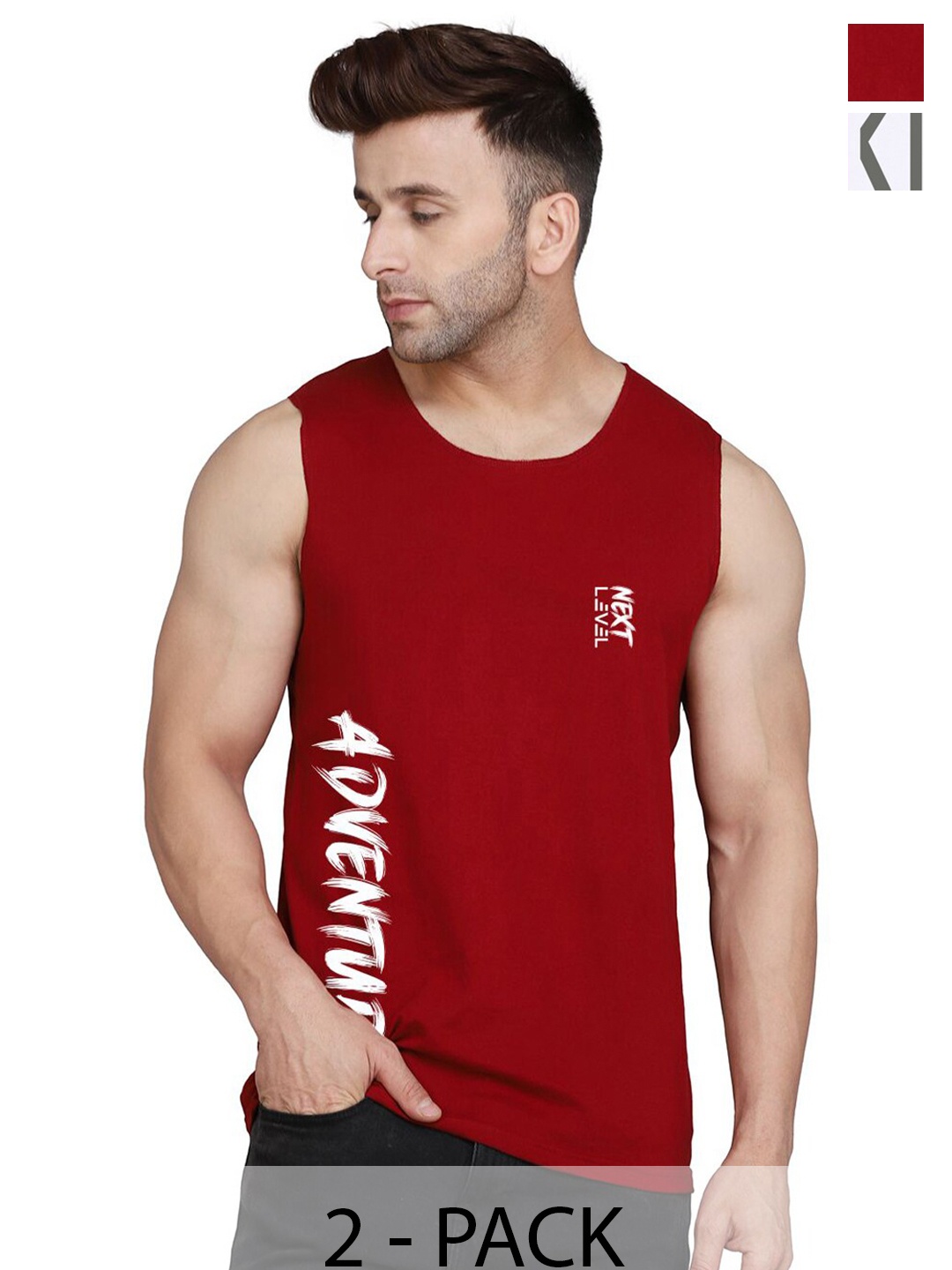 SLOWLORIS Pack Of 2 Typography Round Neck Sleeveless Cotton Gym Vest, White
