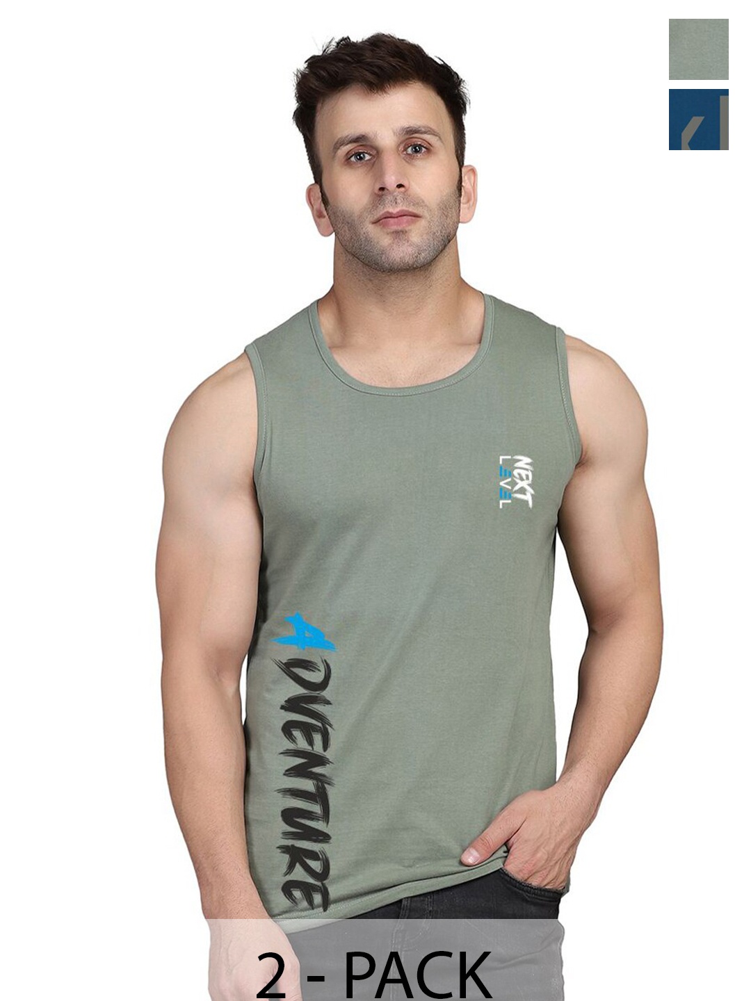 

SLOWLORIS Pack of 2 Typography Printed Round-Neck Innerwear Vests, Teal