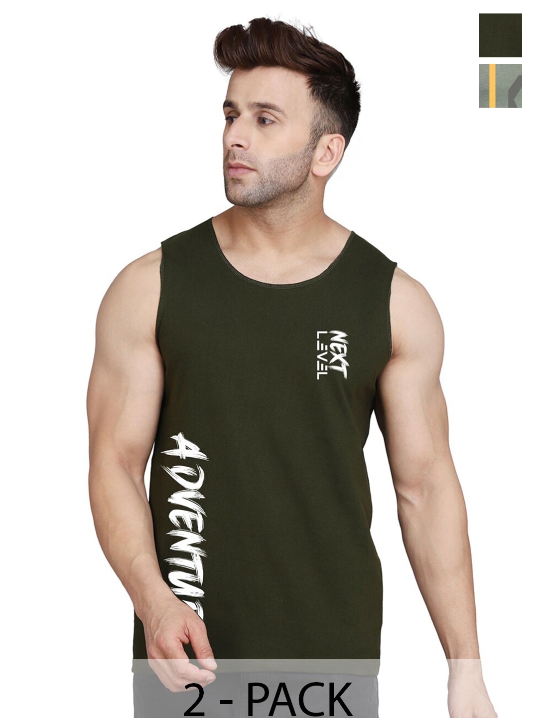 

SLOWLORIS Pack Of 2 Typography Printed Sleeveless Round Neck Basic Vest, Green