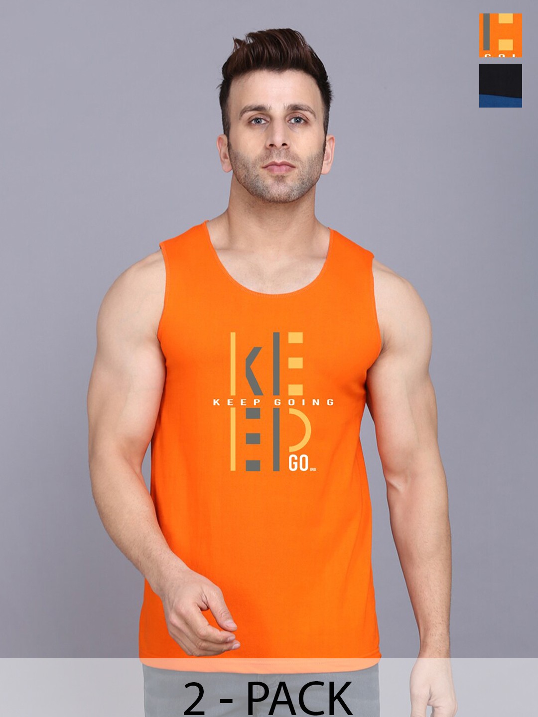 

SLOWLORIS Pack Of 2 Colourblocked Round Neck Sleeveless Cotton Gym Vest, Orange