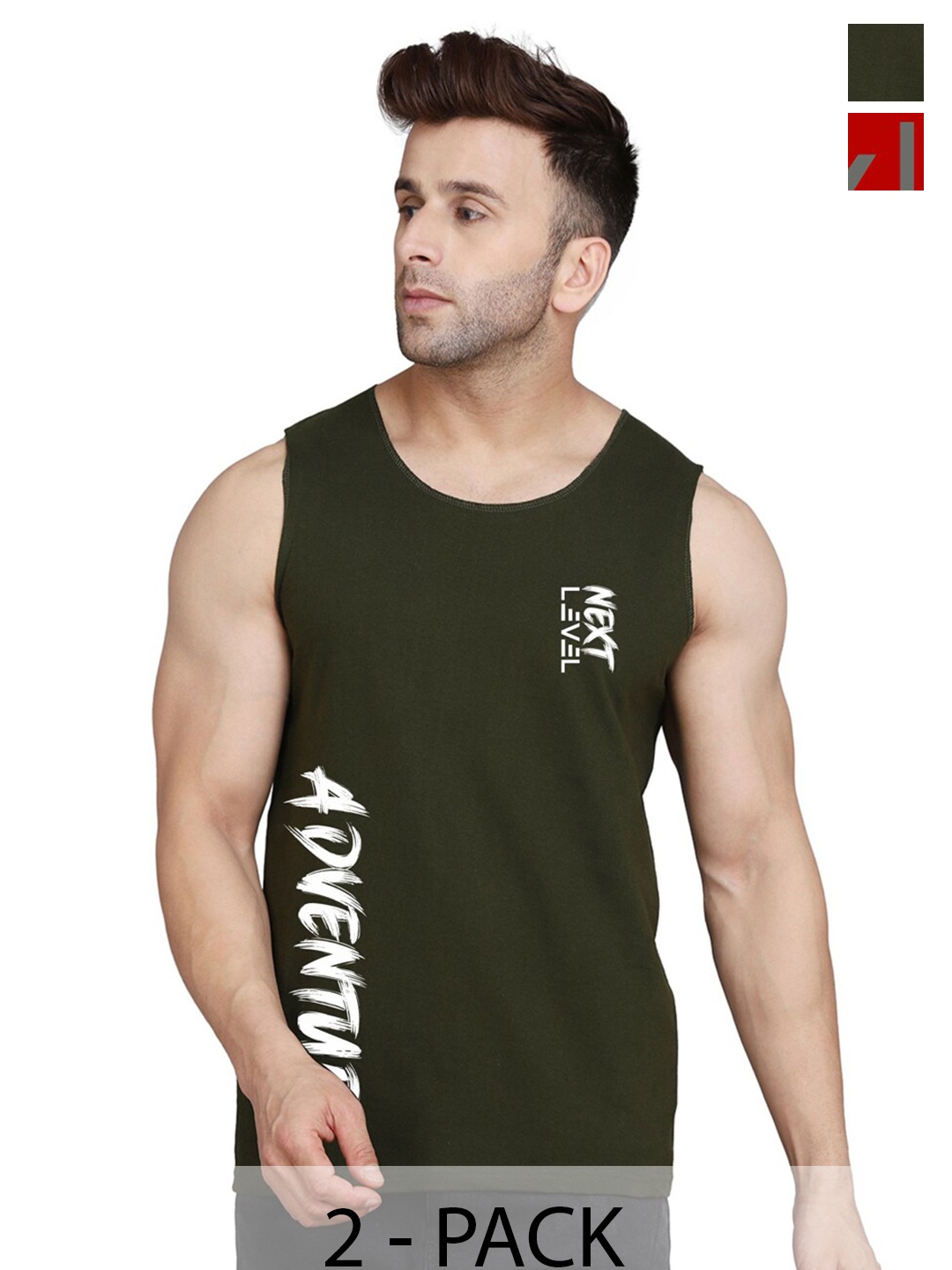 

SLOWLORIS Pack Of 2 Round Neck Sleeveless Cotton Gym Vest, Red