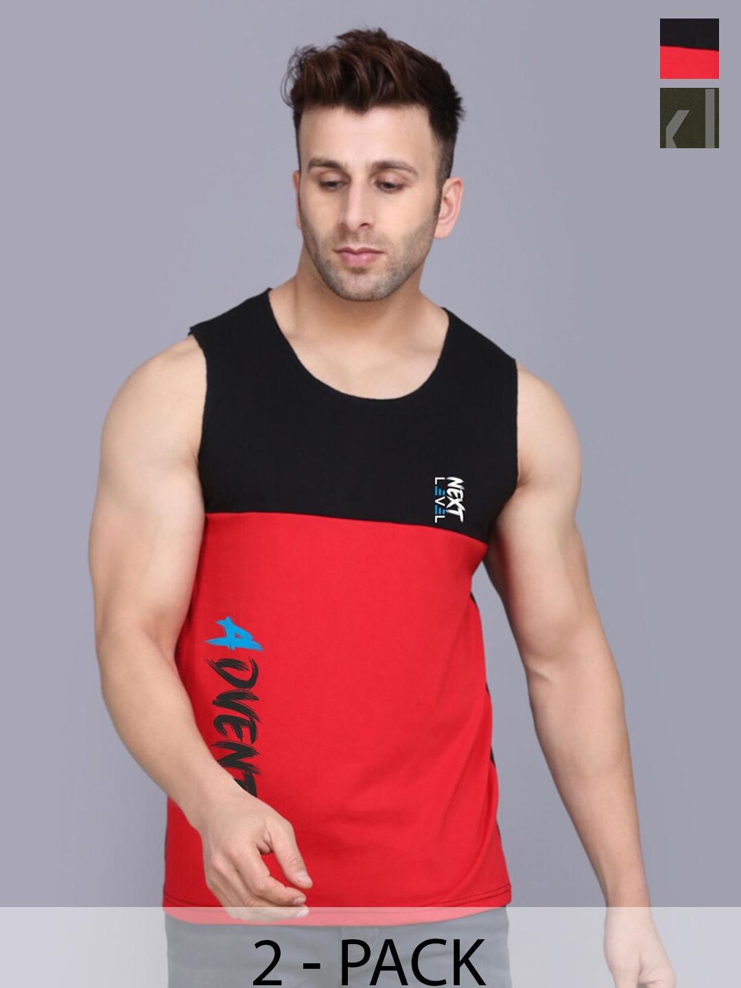 

SLOWLORIS Pack Of 2 Colourblocked Round Neck Sleeveless Cotton Gym Vest, Black