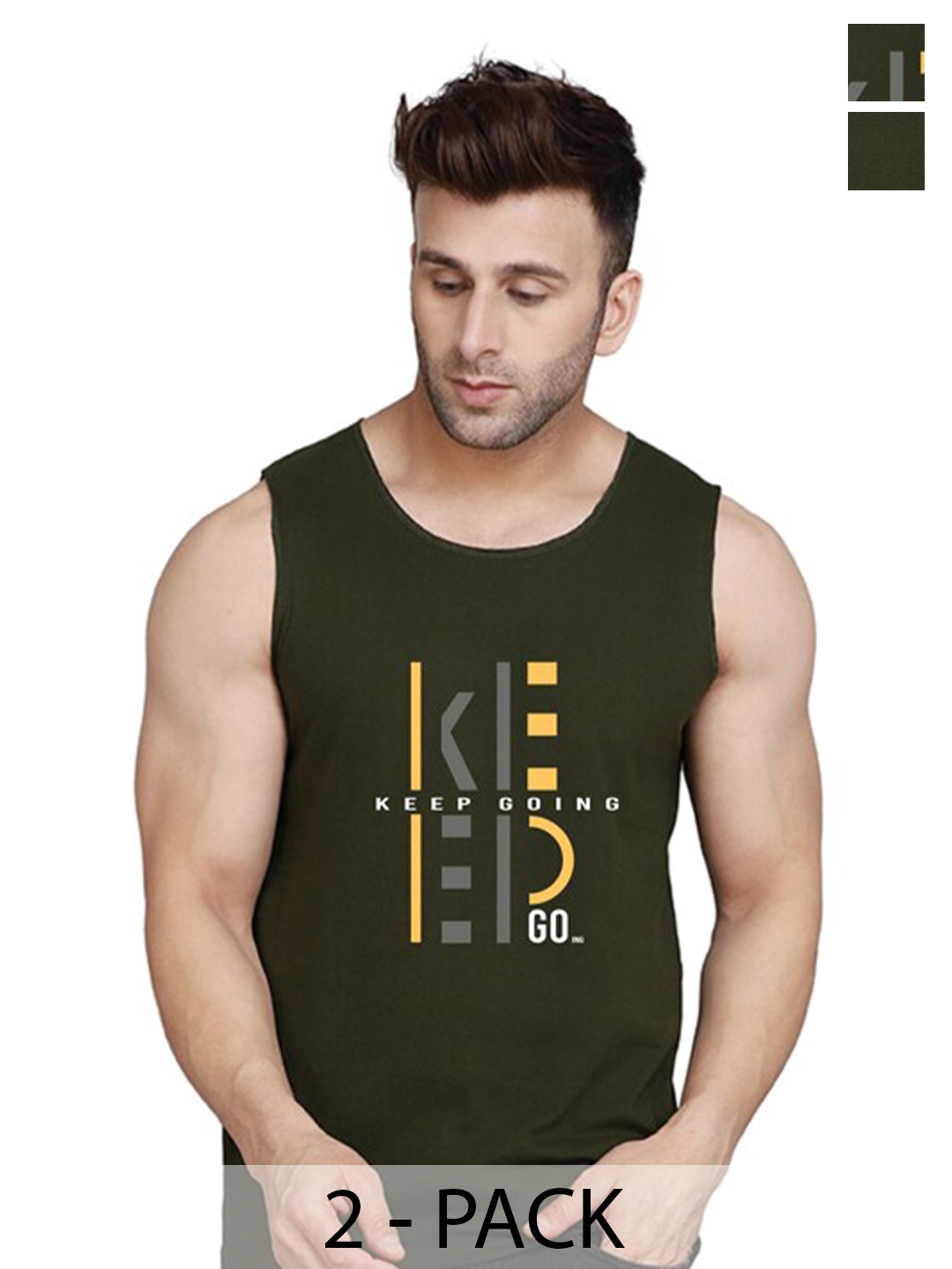 

SLOWLORIS Pack Of 2 Round Neck Sleeveless Cotton Gym Vest, Olive