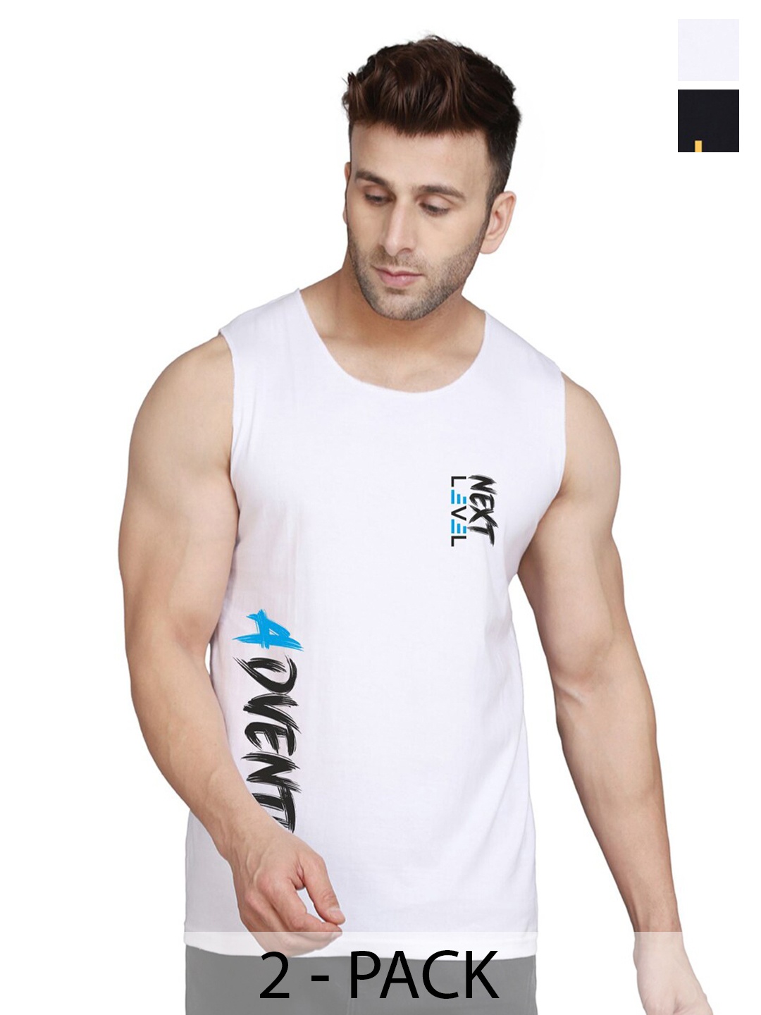 SLOWLORIS Pack Of 2 Printed Innerwear Vests, Black
