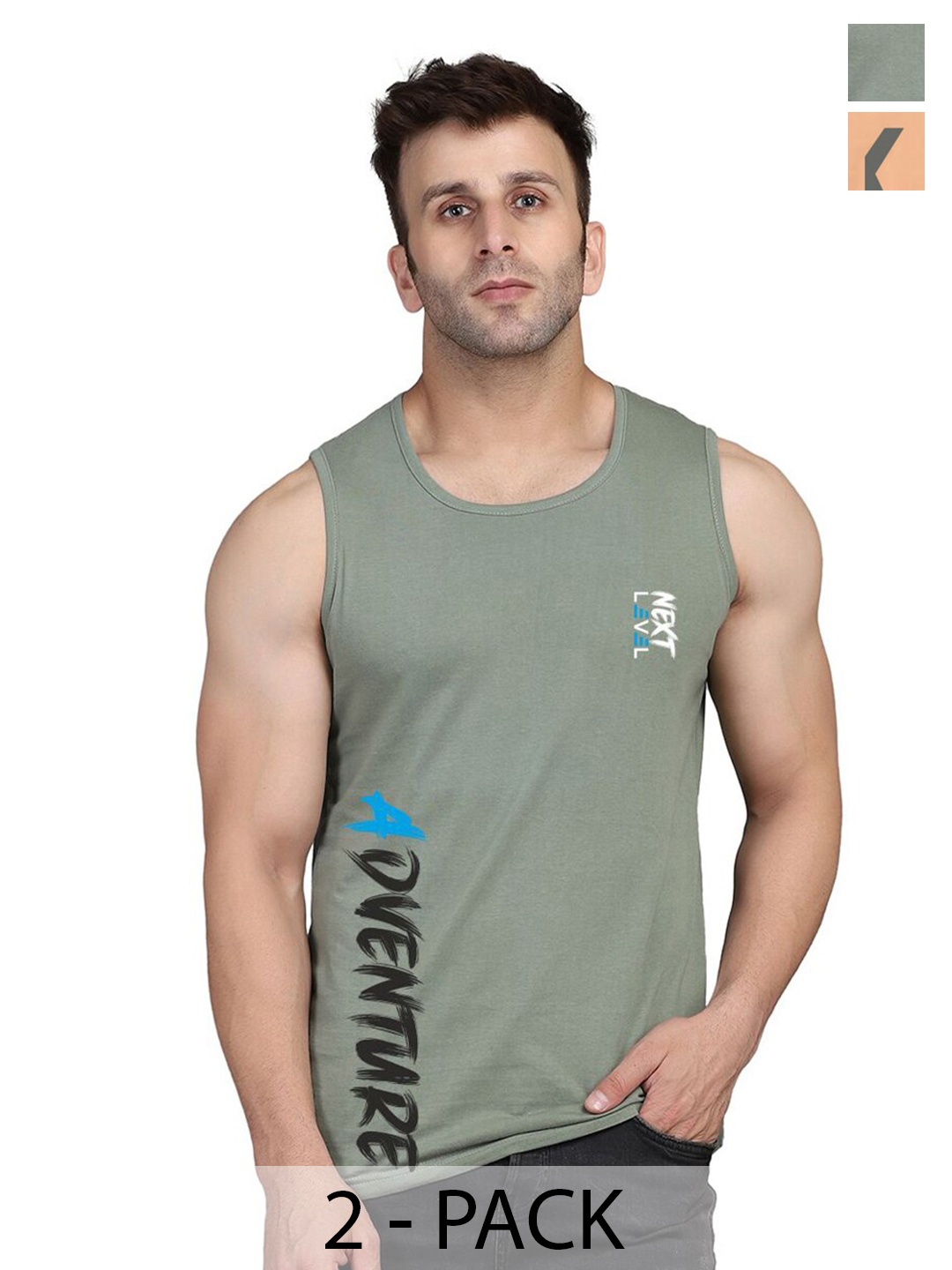 

SLOWLORIS Pack Of 2 Typography Printed Sleeveless Bio-Wash Gym Vest, Rust