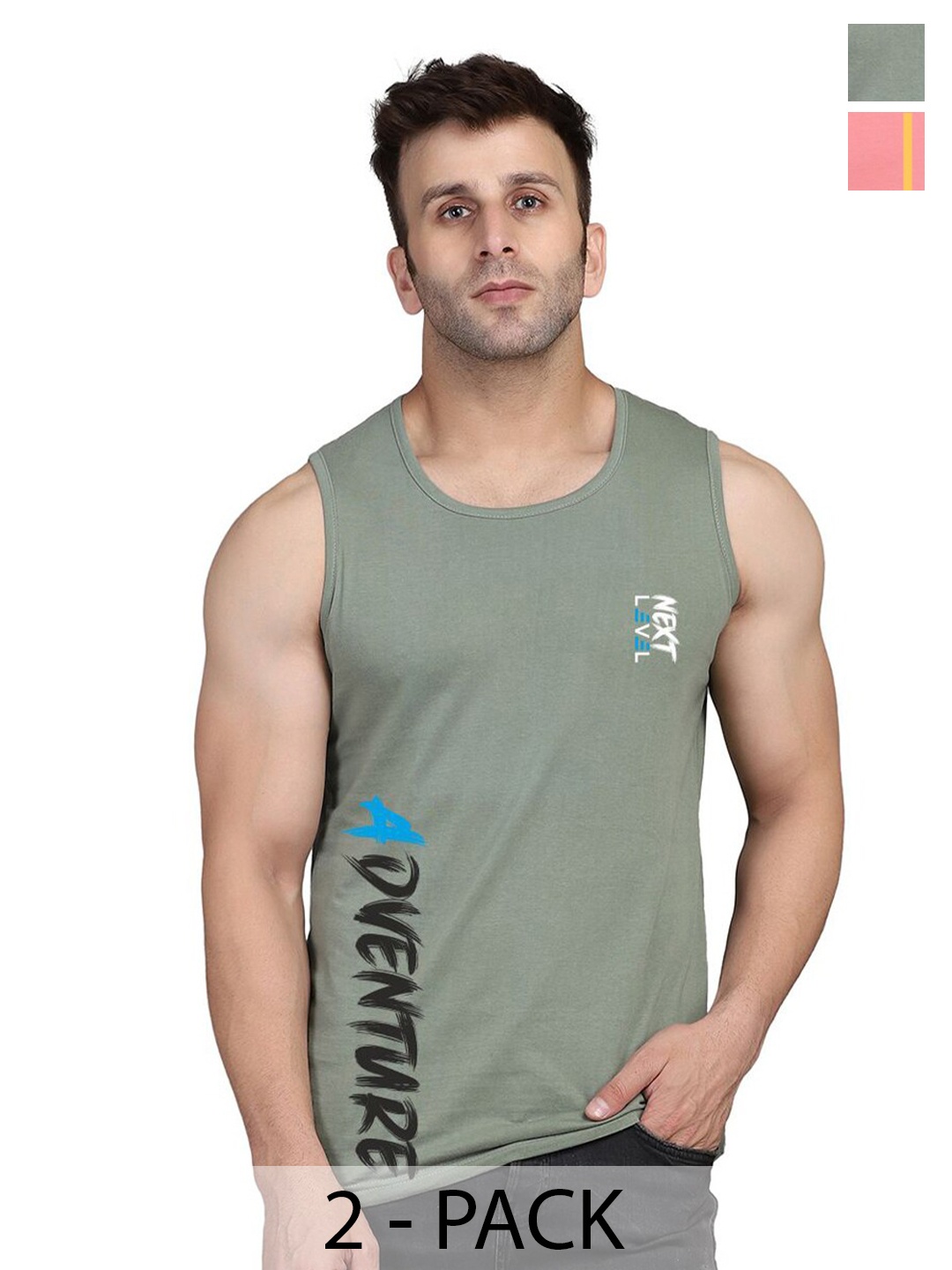 

SLOWLORIS Pack Of 2 Typography Printed Sleeveless Round Neck Basic Vest, Peach