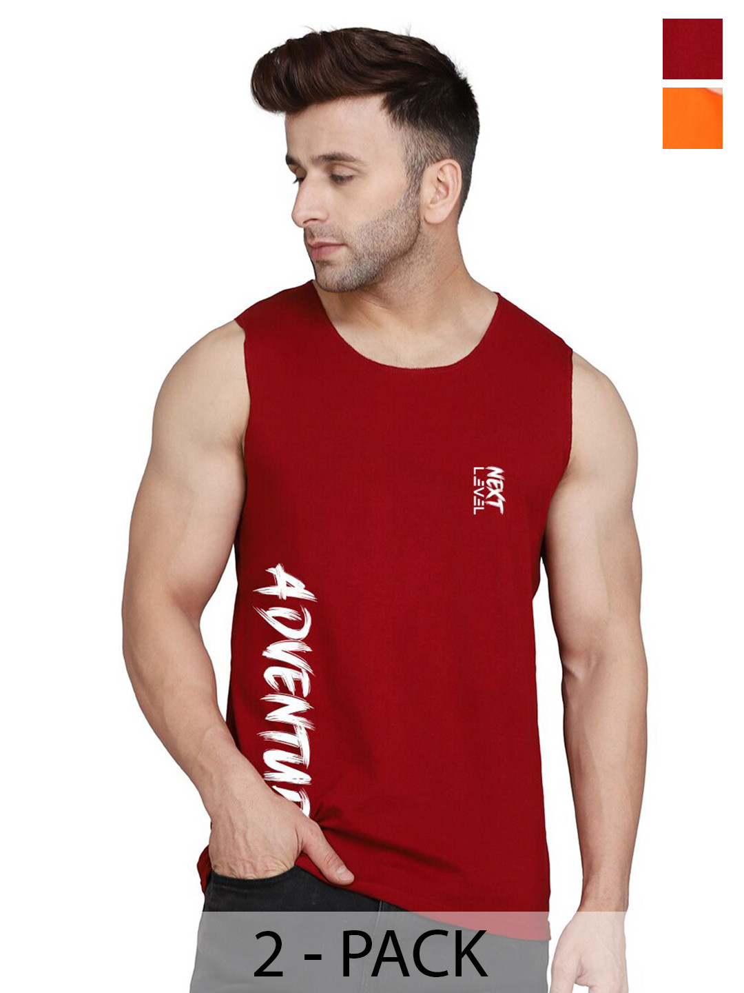 

SLOWLORIS Pack Of 2 Typography Printed Cotton Innerwear Vests, Orange