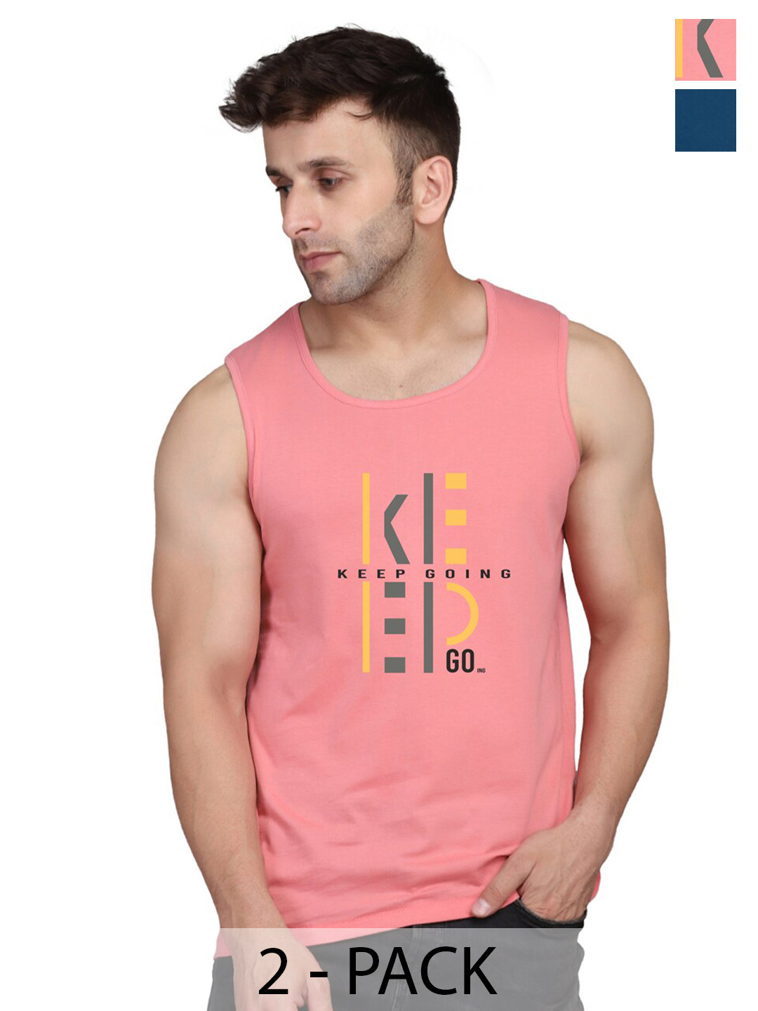 

SLOWLORIS Pack Of 2 Typography Printed Sleeveless Round Neck Basic Vest, Peach