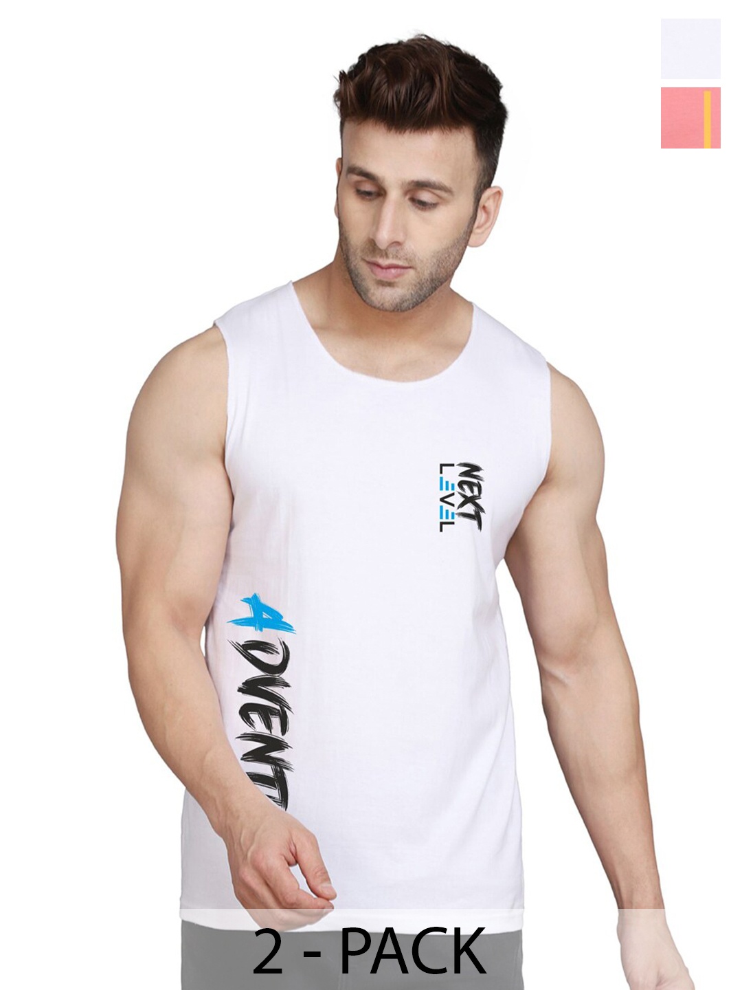 SLOWLORIS Pack Of 2 Round Neck Sleeveless Cotton Gym Vest, Peach