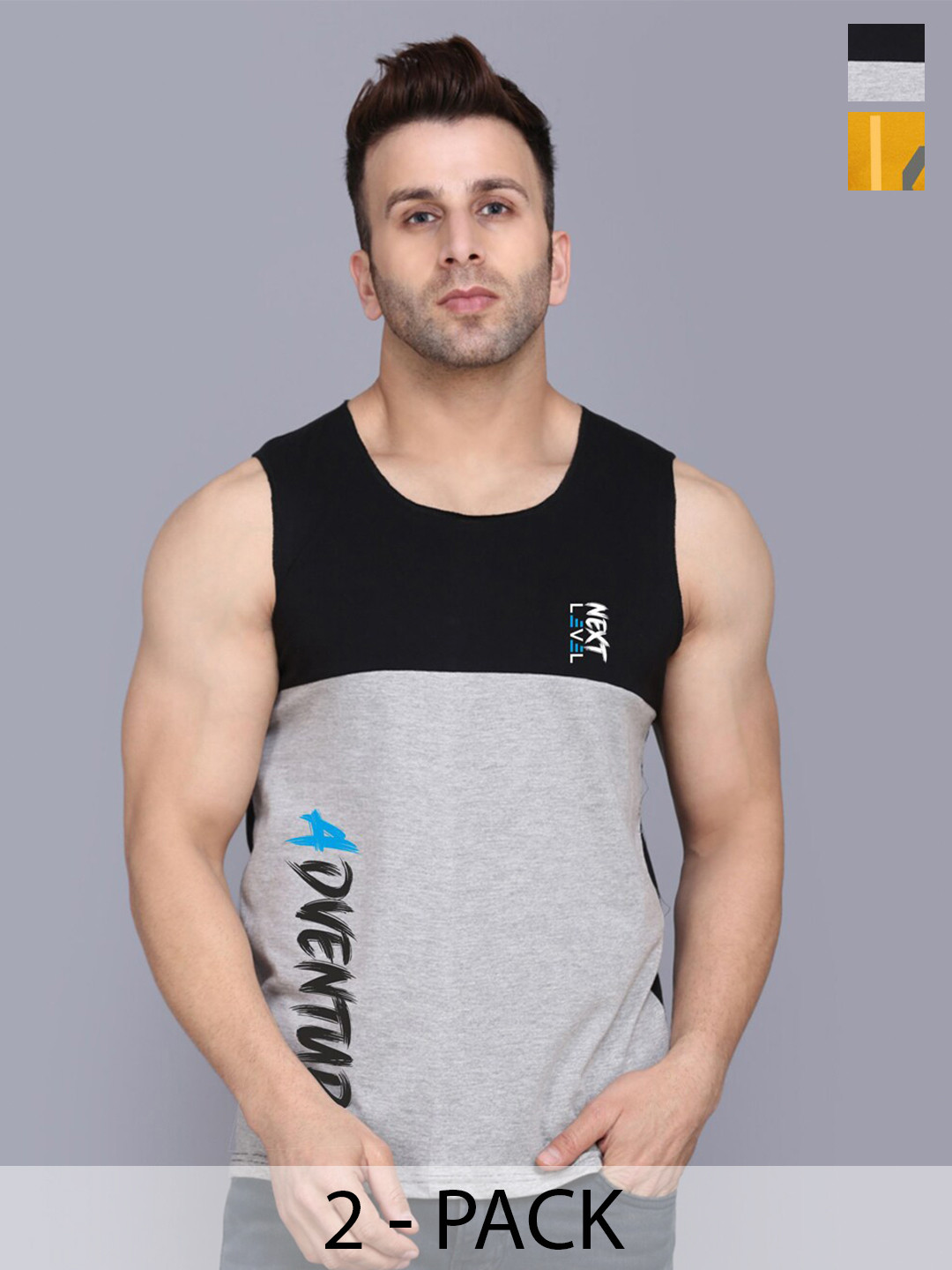 

SLOWLORIS Pack Of 2 Typography Round Neck Sleeveless Cotton Gym Vest, Mustard