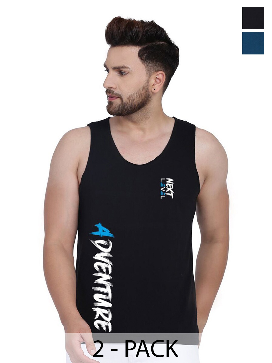 

SLOWLORIS Pack of 2 Typography Printed Round-Neck Innerwear Vests, Teal