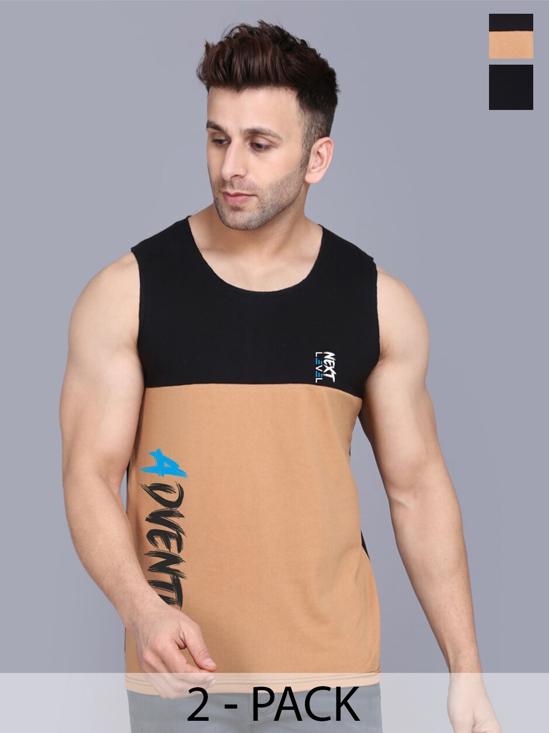

SLOWLORIS Pack Of 2 Typography Printed Cotton Innerwear Vests, Black