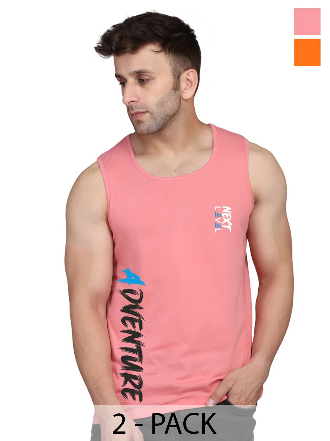 SLOWLORIS Pack Of 2 Typography Printed Sleeveless Round Neck Basic Vest, Orange