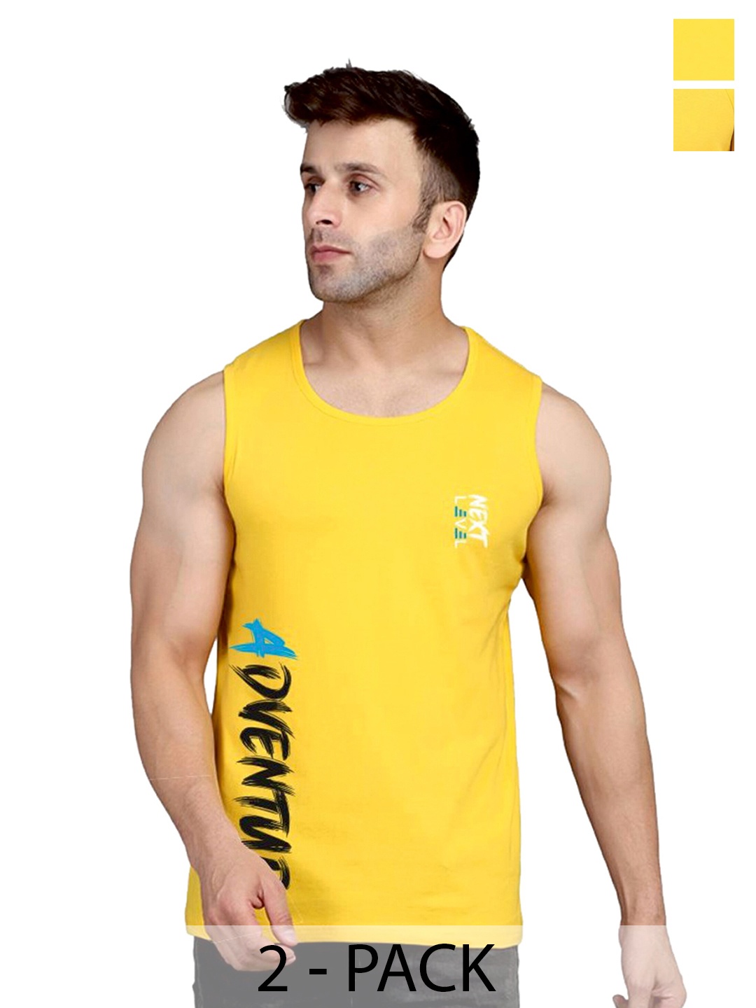 

SLOWLORIS Pack Of 2 Typography Printed Cotton Innerwear Vests, Yellow