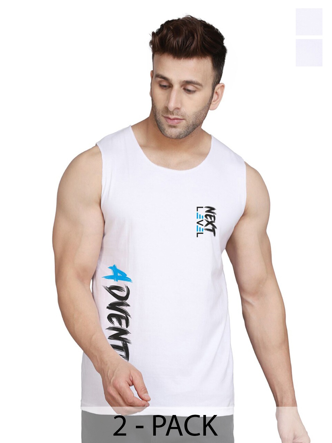 

SLOWLORIS Pack Of 2 Typography Printed Sleeveless Round Neck Basic Vest, White