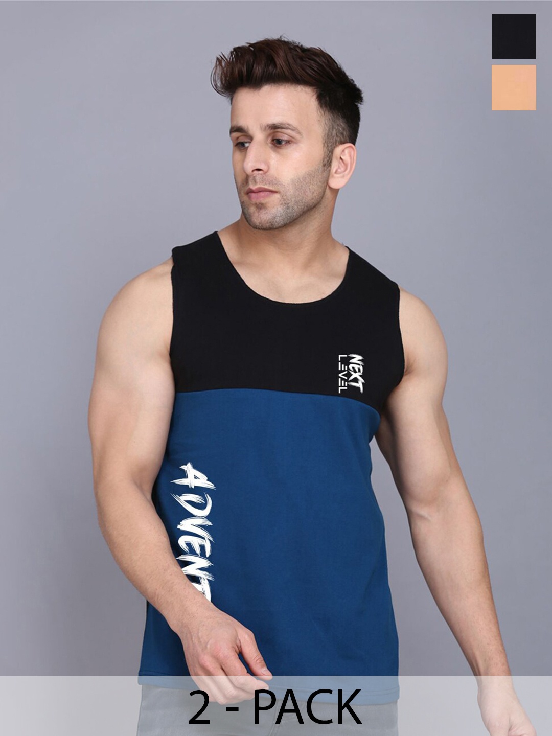 

SLOWLORIS Pack Of 2 Typography Printed Sleeveless Round Neck Basic Vest, Blue