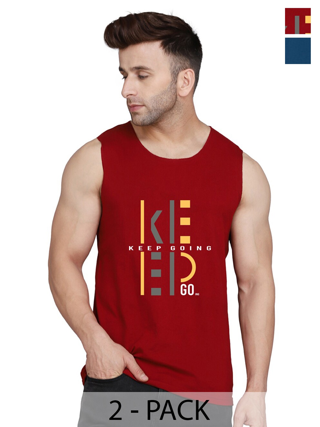

SLOWLORIS Pack Of 2 Round Neck Sleeveless Cotton Gym Vest, Maroon