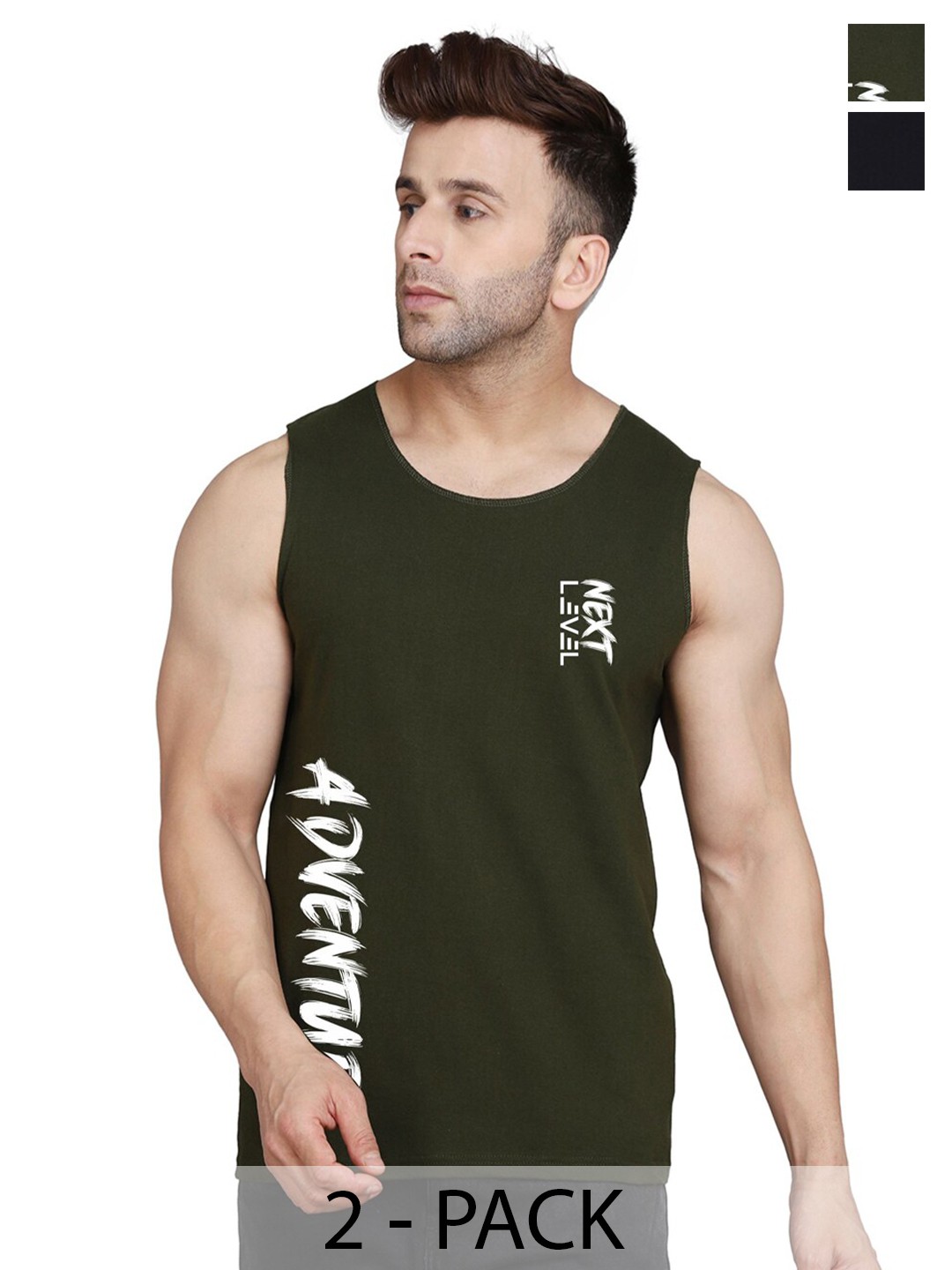

SLOWLORIS Pack Of 2 Typography Printed Sleeveless Bio-Wash Gym Vest, Black