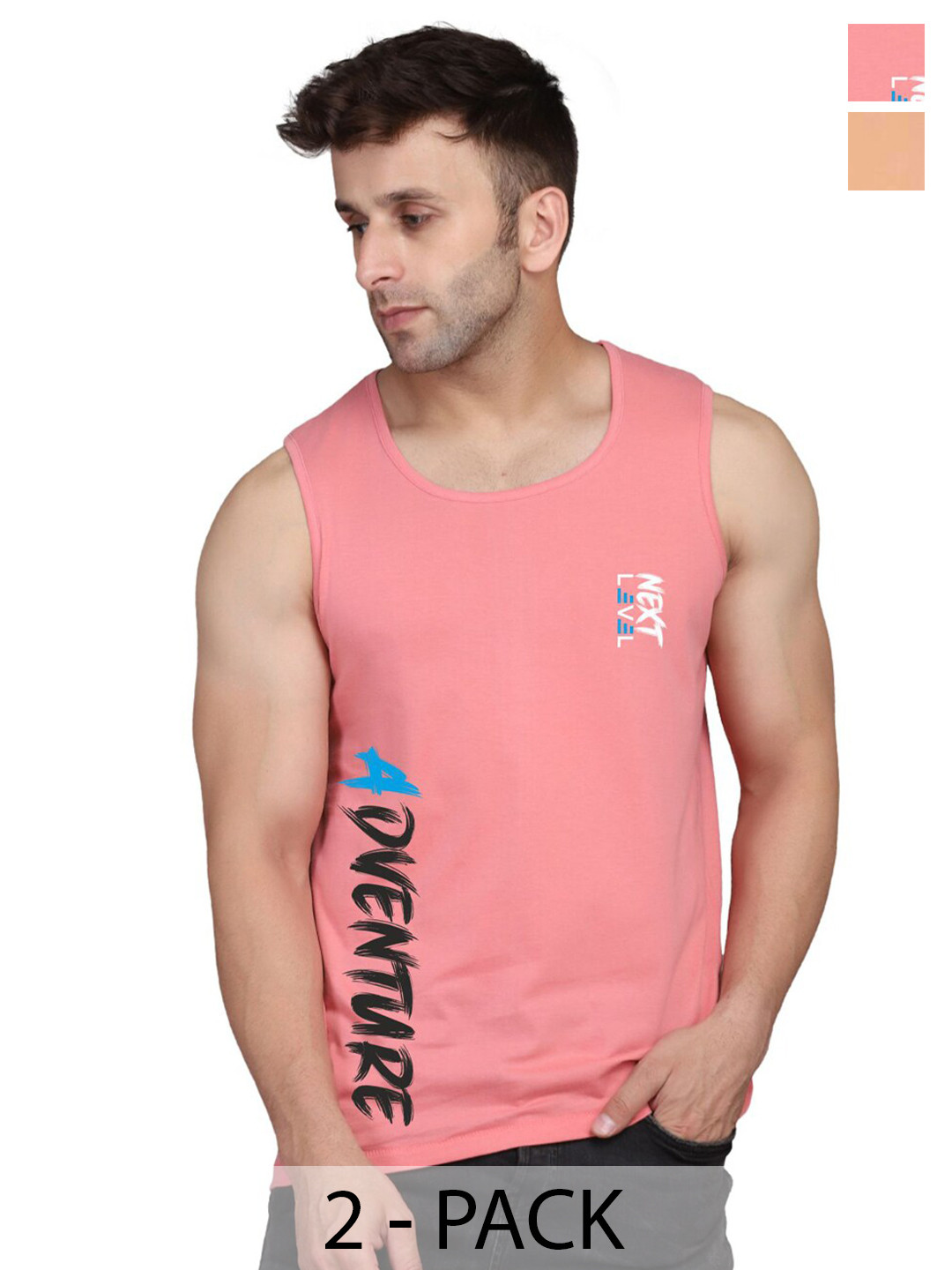 

SLOWLORIS Pack Of 2 Typography Printed Sleeveless Round Neck Basic Vest, Beige