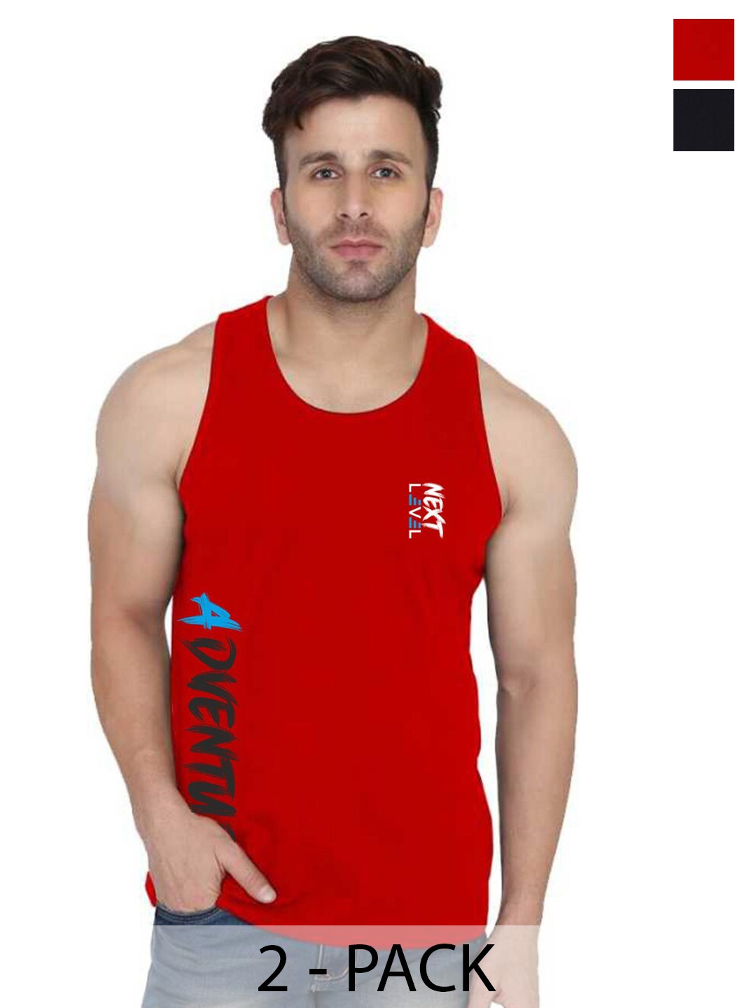 

SLOWLORIS Pack Of 2 Printed Sleeveless Bio-Wash Innerwear Vests, Black