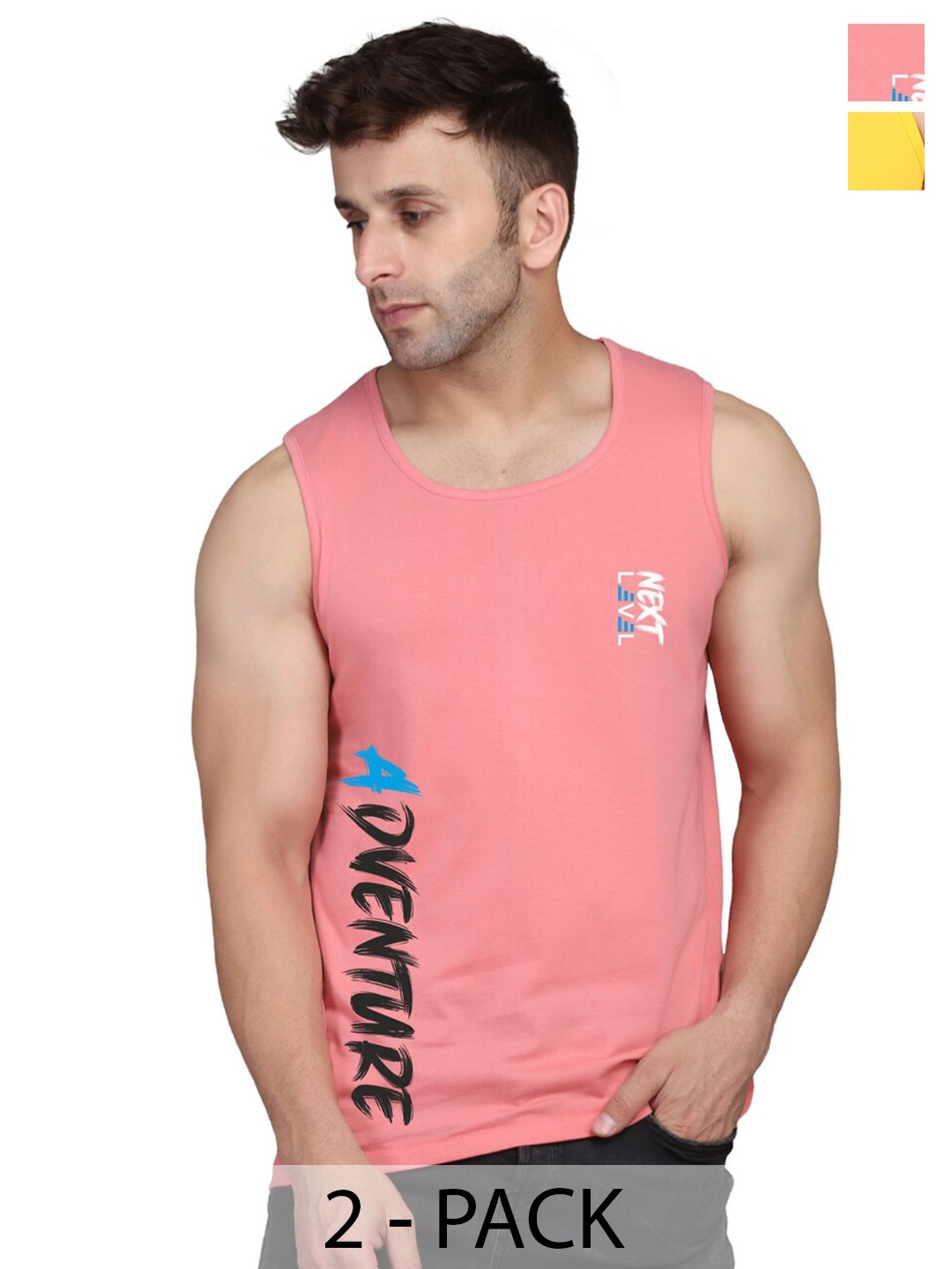 

SLOWLORIS Pack Of 2 Typography Printed Round Neck Cotton Bio-Wash Gym Vest, Yellow