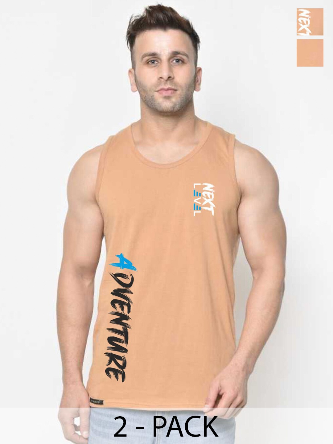 

SLOWLORIS Pack Of 2 Typography Printed Round Neck Cotton Bio-Wash Gym Vest, Rust
