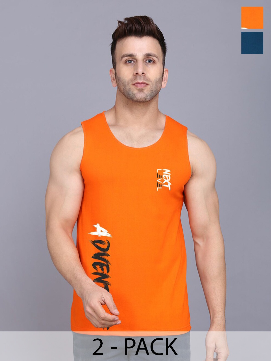 

SLOWLORIS Pack Of 2 Typography Printed Round Neck Cotton Bio-Wash Gym Vest, Teal