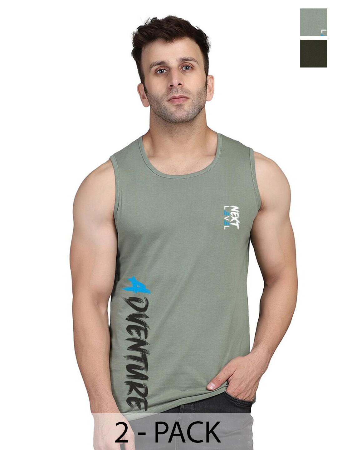

SLOWLORIS Pack Of 2 Sleeveless Bio-Wash Innerwear Vests, Olive