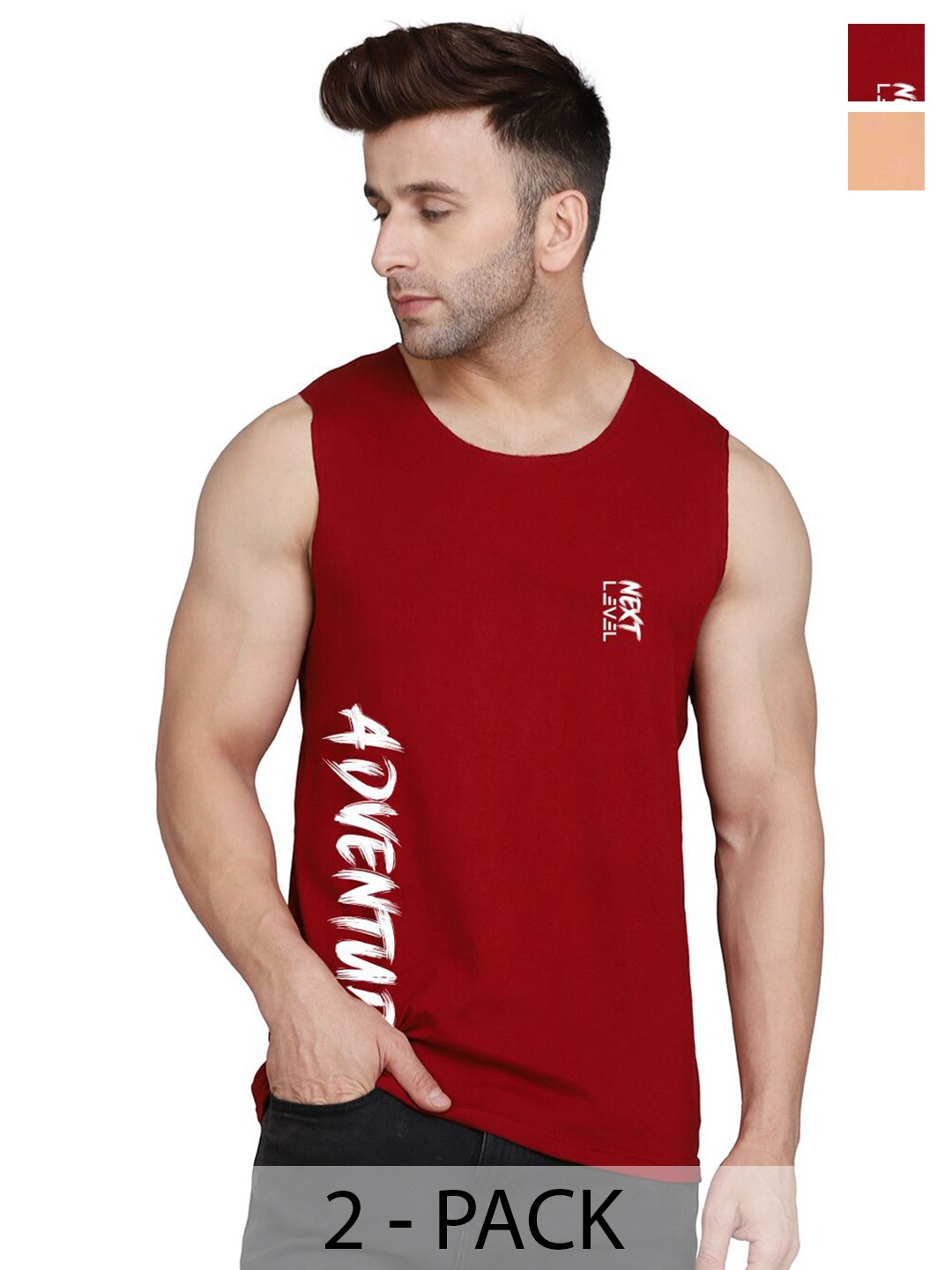 SLOWLORIS Pack Of 2 Typography Printed Cotton Innerwear Vests, Rust