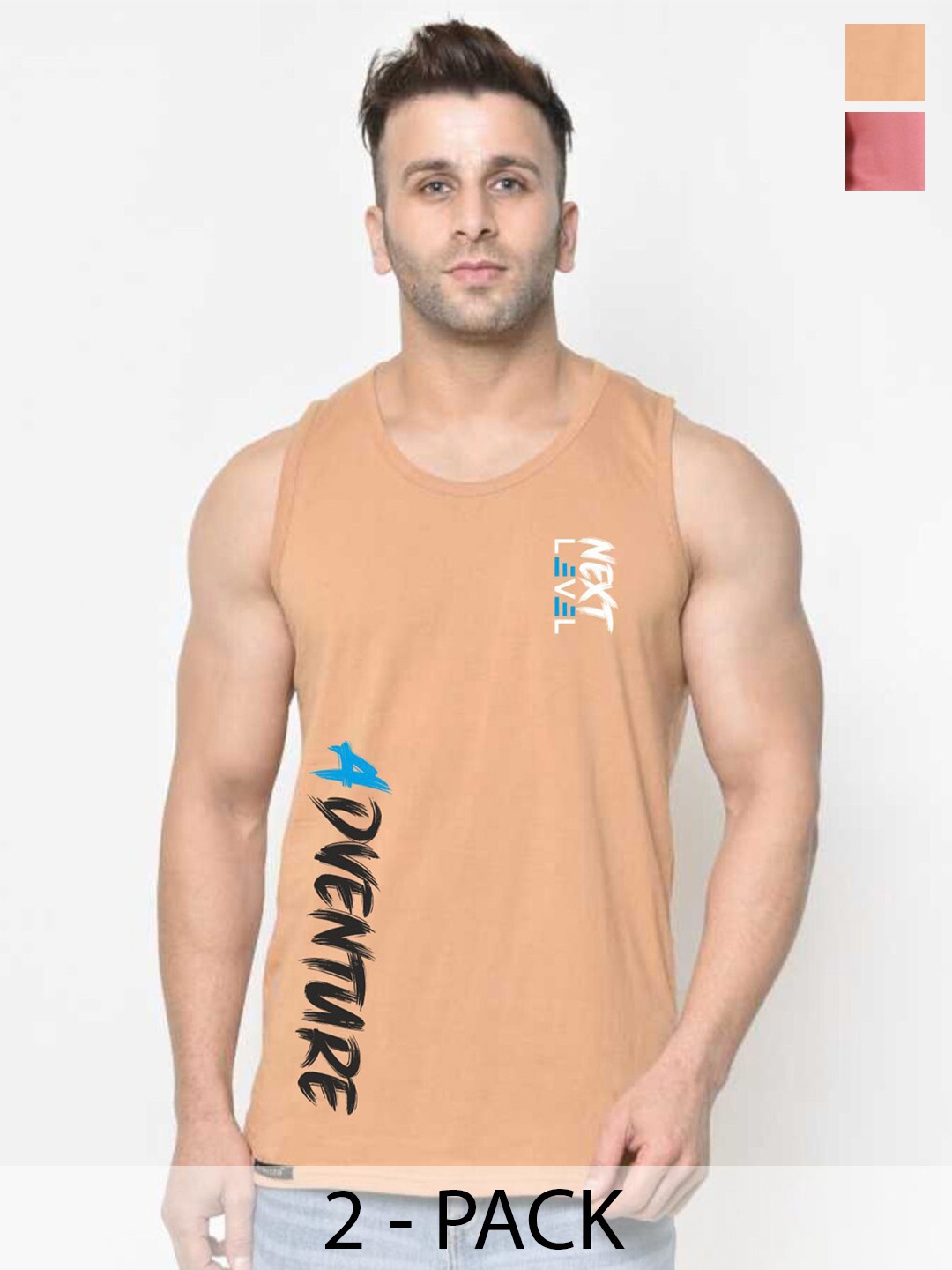 

SLOWLORIS Pack Of 2 Typography Printed Round Neck Cotton Bio-Wash Gym Vest, Peach
