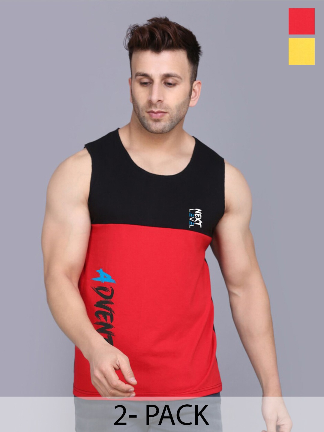 

SLOWLORIS Pack Of 2 Typography Printed Cotton Innerwear Vests, Yellow